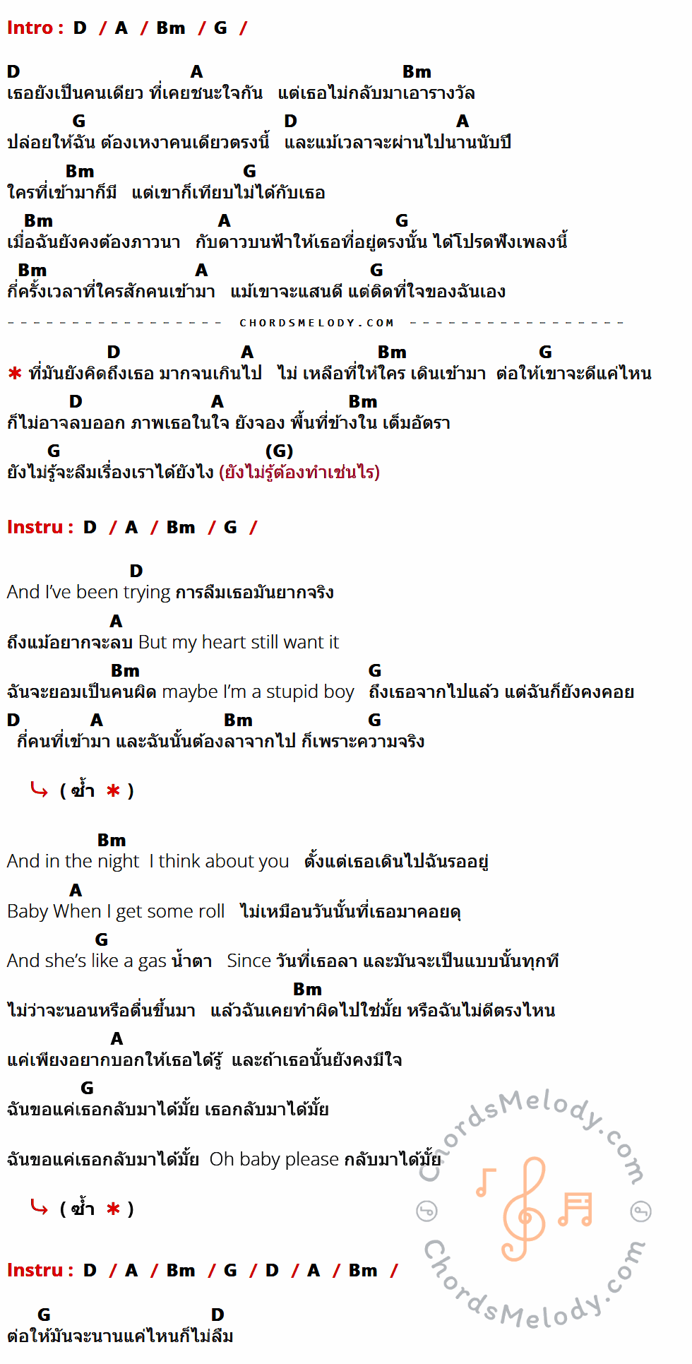 เนื้อเพลง เจ้าของที่ (My Favorite) ของ Mirrr มีคอร์ดกีต้าร์ ในคีย์ที่ต่างกัน D,A,Bm,G