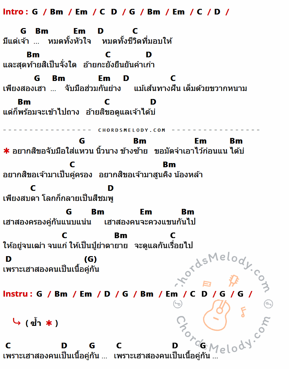 เนื้อเพลง เนื้อคู่ ของ ลำเพลิน วงศกร มีคอร์ดกีต้าร์ ในคีย์ที่ต่างกัน G,Bm,Em,C,D