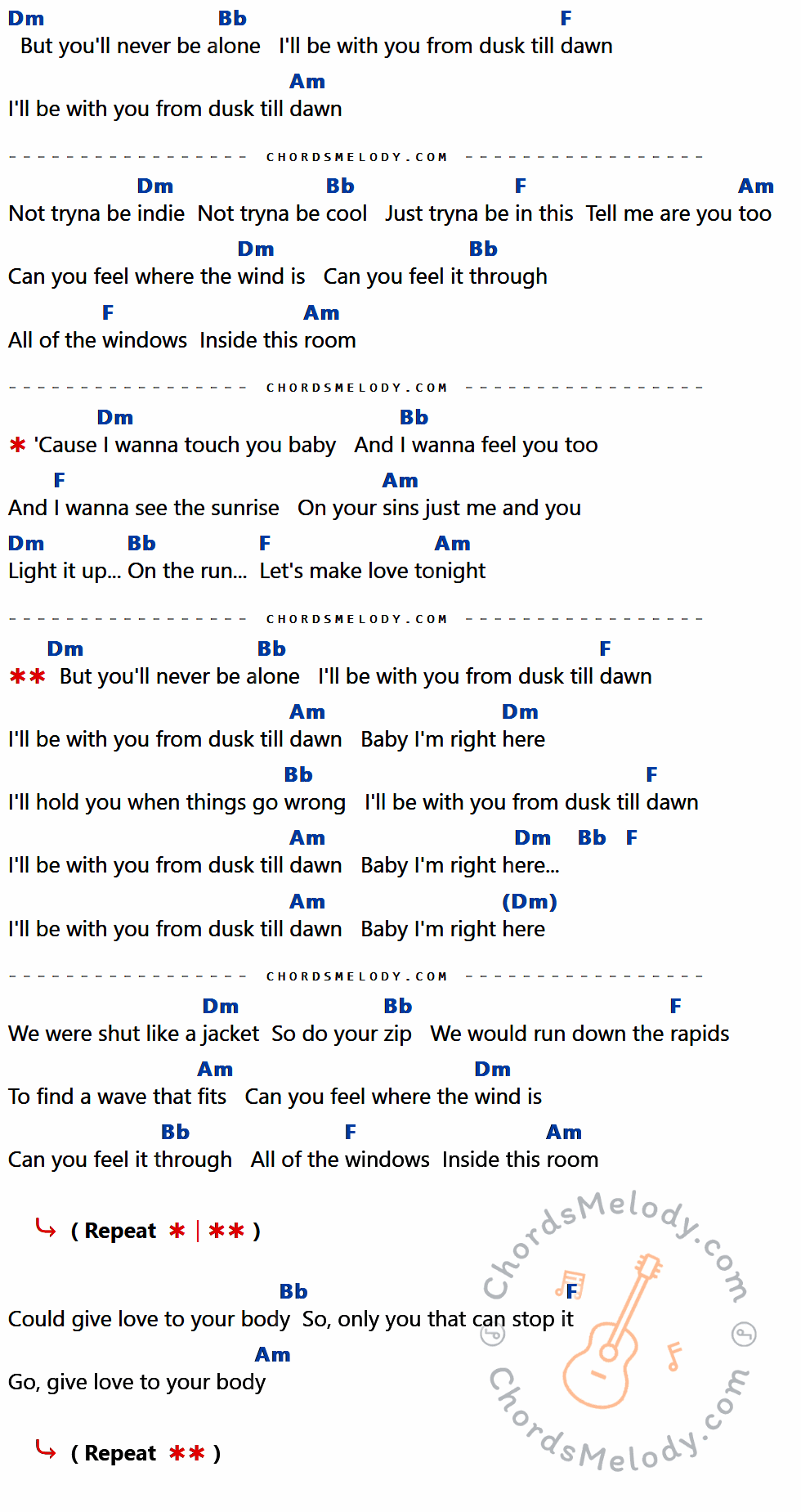 คอร์ดเพลง Dusk Till Dawn - ZAYN feat. Sia (Tyler Ryan Cover) เนื้อร้อง มีคอร์ดกีต้าร์ ในกลุ่มคีย์ Dm,Bb,F,Am กำกับ