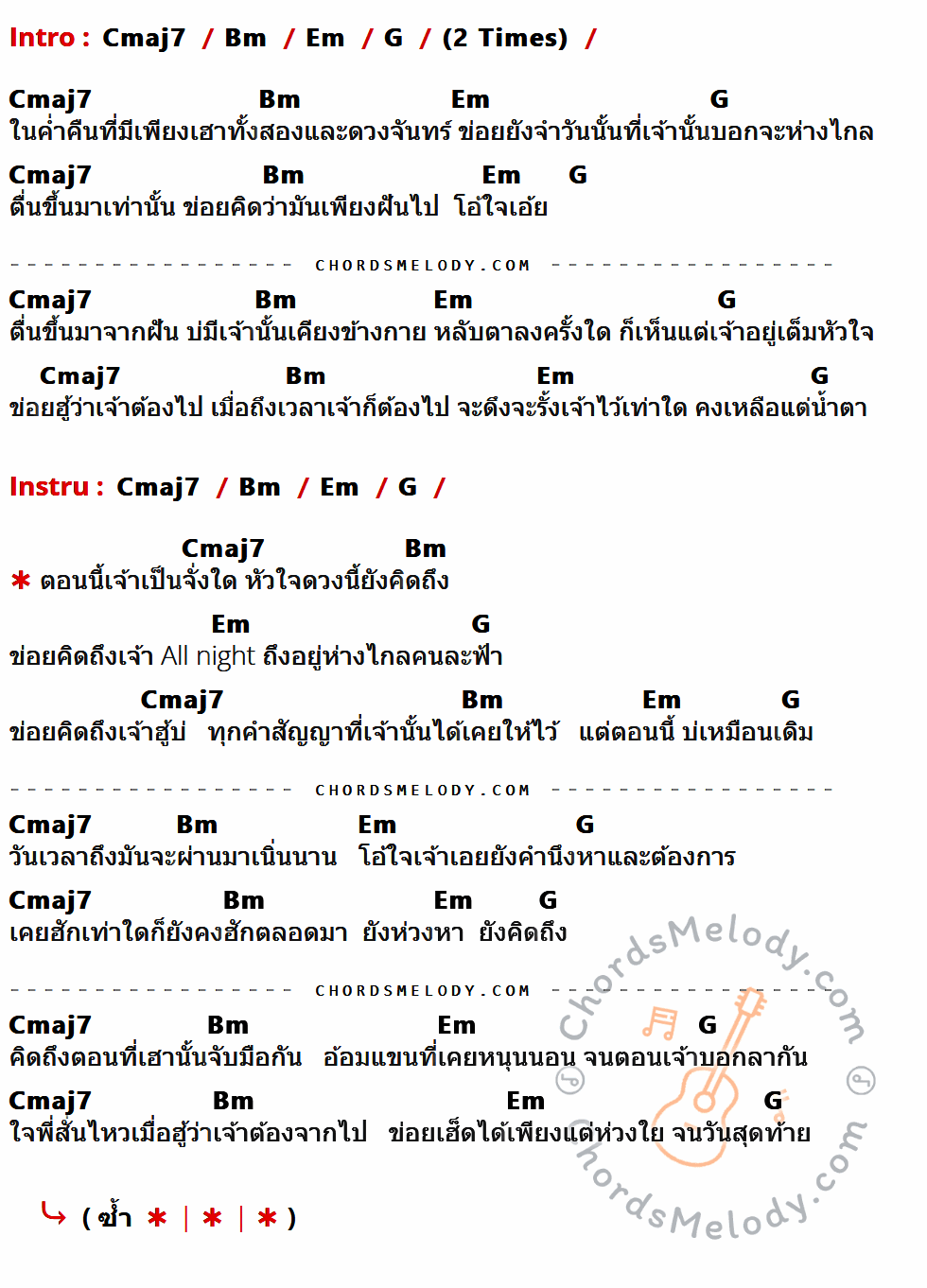 เนื้อเพลง ตื่นจากฝัน ของ Bay6ix Feat. Lala มีคอร์ดกีต้าร์ ในคีย์ที่ต่างกัน Cmaj7,Bm,Em,G