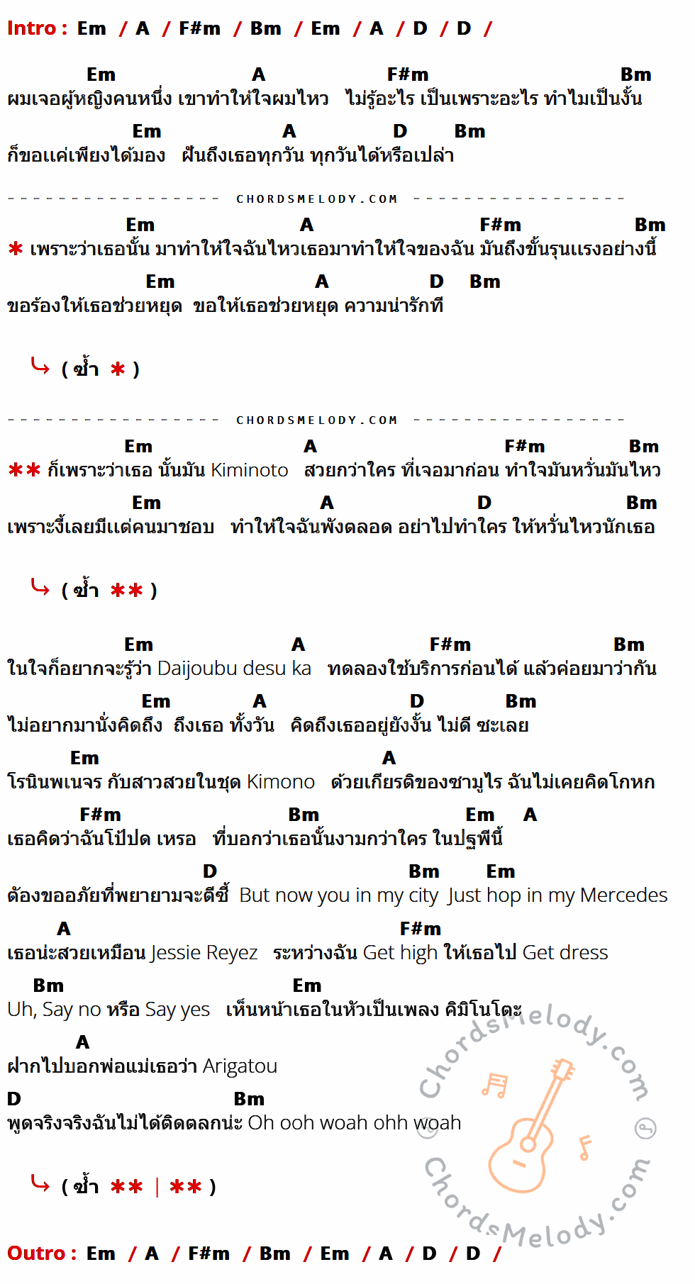 เนื้อเพลง Kiminoto (คิมิโนโตะ) ของ Sprite Feat. Youngohm มีคอร์ดกีต้าร์ ในคีย์ที่ต่างกัน Em,A,F#m,Bm,D