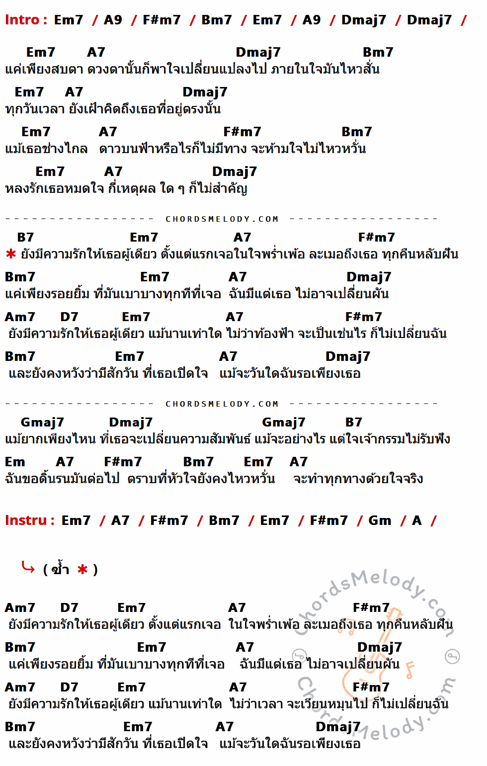 เนื้อเพลง หลงรัก ของ Newery มีคอร์ดกีต้าร์ ในคีย์ที่ต่างกัน Em7,A9,F#m7,Bm7,Dmaj7,A7,B7,Am7,D7,Gmaj7,Em,Gm,A