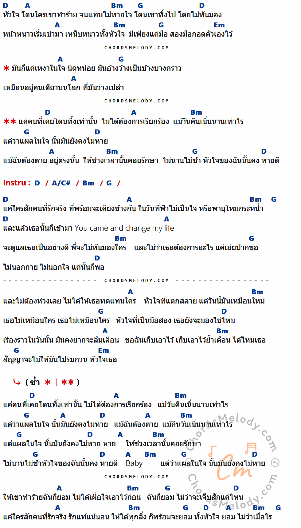 คอร์ดเพลง แผลในใจ - GTK feat.KT Long Flowing เนื้อร้อง มีคอร์ดกีต้าร์ ในกลุ่มคีย์ D,A,Bm,G,Em,A/C# กำกับ