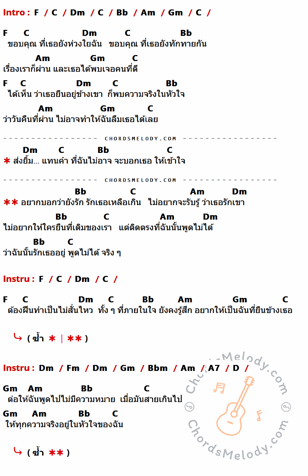 คอร์ดเพลง พูดไม่ได้ - Potato เนื้อร้อง มีคอร์ดกีต้าร์ ในกลุ่มคีย์ F,C,Dm,Bb,Am,Gm,Fm,Bbm,A7,D กำกับ