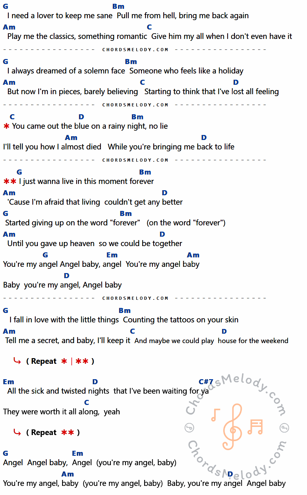 คอร์ดเพลง Angel Baby - Troye Sivan เนื้อร้อง มีคอร์ดกีต้าร์ ในกลุ่มคีย์ G,Bm,Am,C,D,Em,C#7 กำกับ
