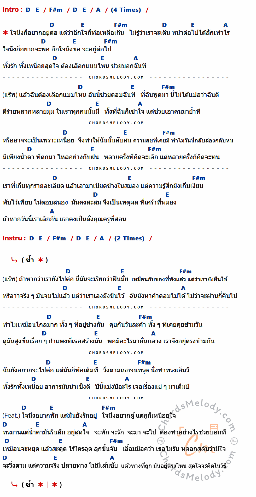 คอร์ดเพลง สุดใจ - Maiyarap ft.Tachaya เนื้อร้อง มีคอร์ดกีต้าร์ ในกลุ่มคีย์ D,E,F#m,A กำกับ