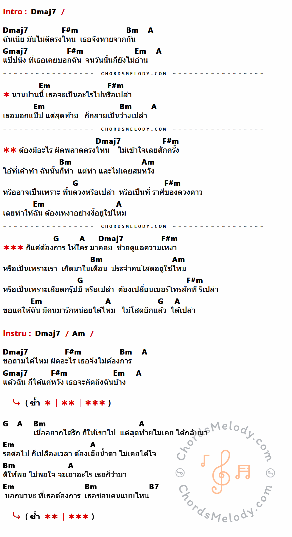 เนื้อเพลง เลือดกรุ๊ปบี ของ เอิ้ก ชาลิสา ที่มีคอร์ดกีต้าร์ Dmaj7,F#m,Bm,A,Gmaj7,Em,Am,G,B7