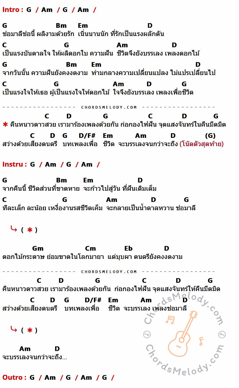 เนื้อเพลง ช่อมาลี ของ คฑาวุธ ทองไทย ที่มีคอร์ด ในกลุ่มคีย์ G,Am,Bm,Em,D,C,D/F#,Gm,Cm,Eb ประกอบ