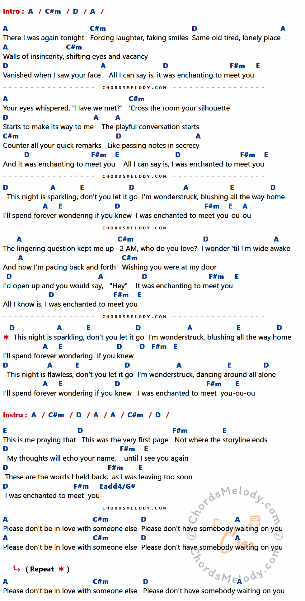 เนื้อเพลง Enchanted ของ Taylor Swift ที่มีคอร์ด ในกลุ่มคีย์ A,C#m,D,F#m,E,Eadd4/G# ประกอบ