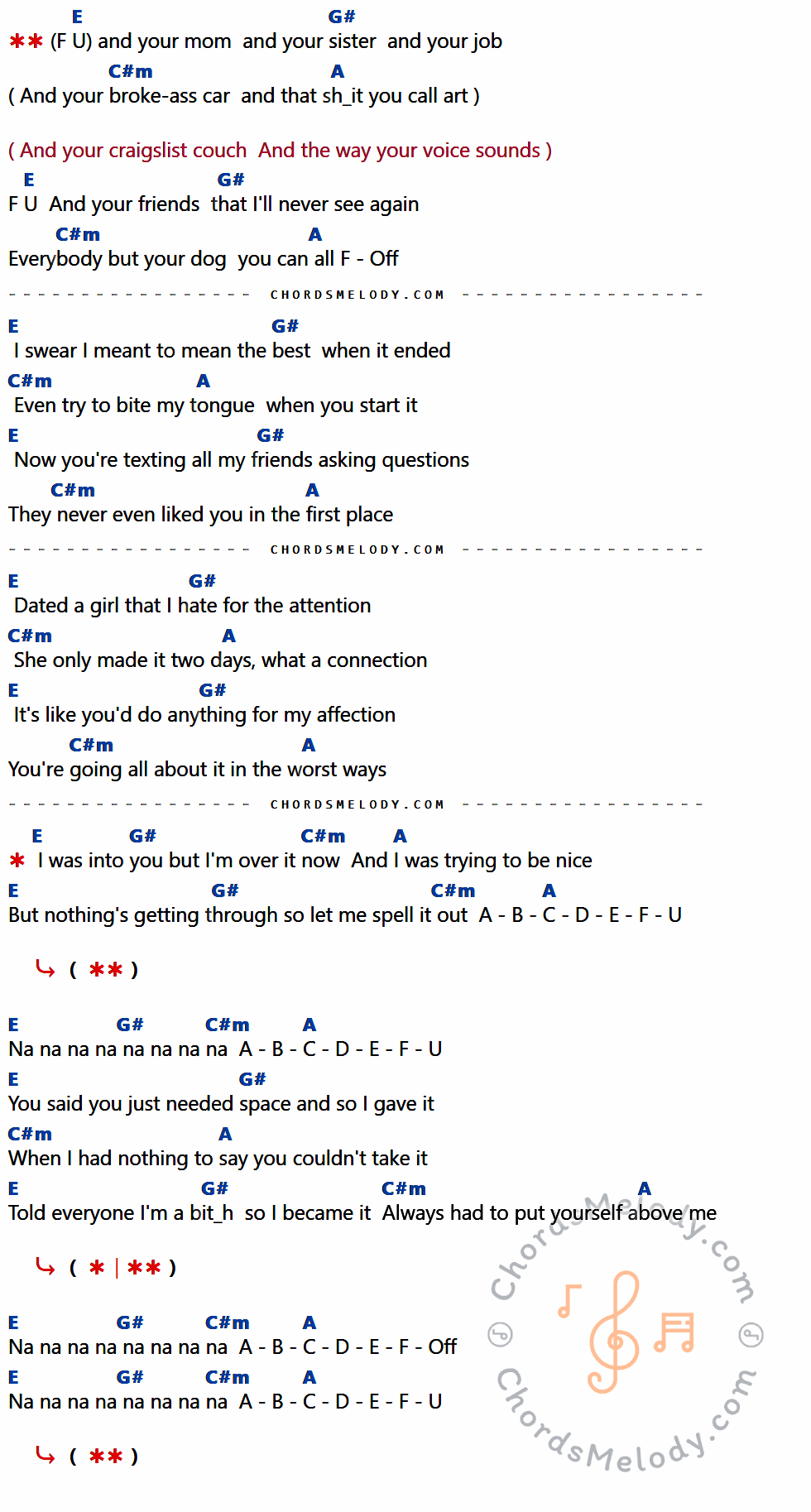 เนื้อเพลง ABCDEFU ของ GAYLE ที่มีคอร์ด ในกลุ่มคีย์ E,G#,C#m,A ประกอบ