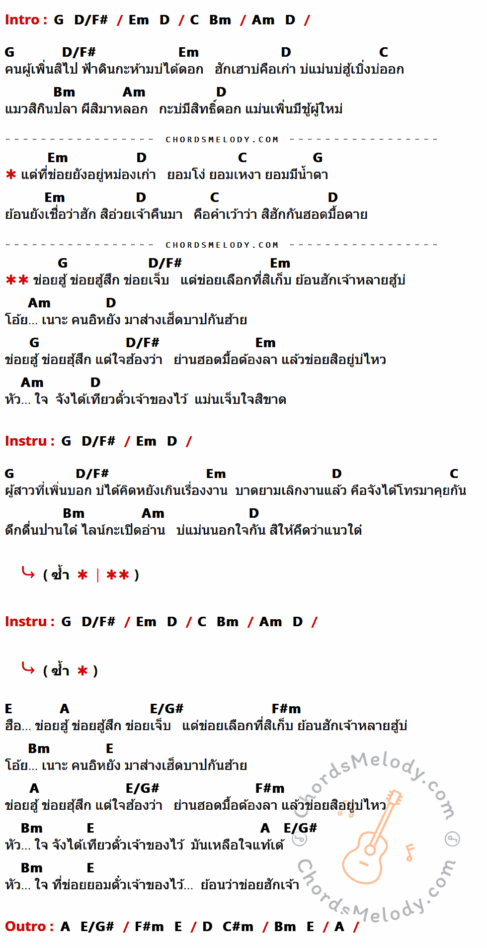 เนื้อเพลง ข่อยฮู้ ข่อยฮู้สึก ข่อยเจ็บ ของ ต่าย อรทัย ที่มีคอร์ด ในกลุ่มคีย์ G,D/F#,Em,D,C,Bm,Am,E,A,E/G#,F#m,C#m ประกอบ