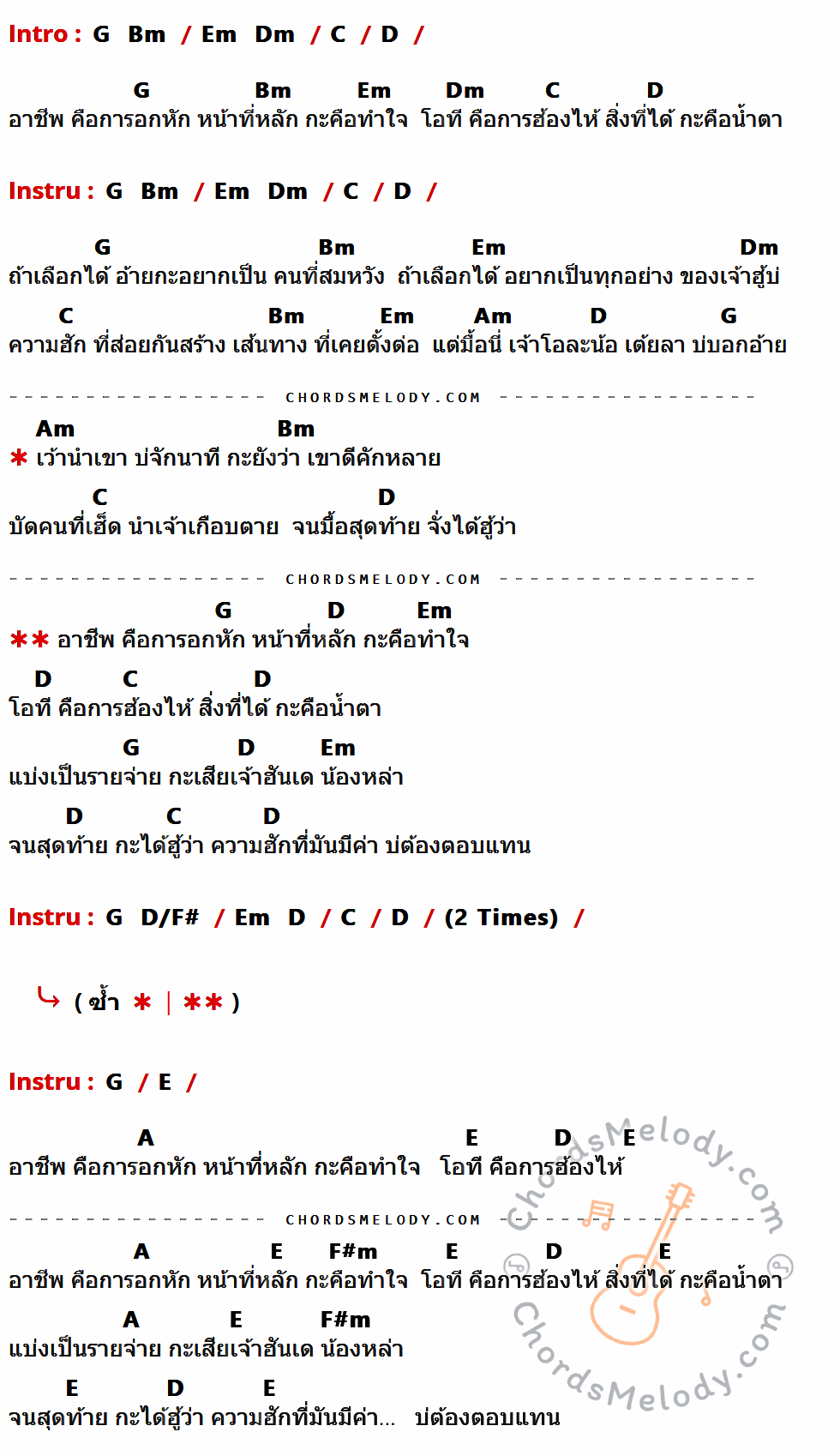 เนื้อเพลง อาชีพอกหัก ของ เน็ค นฤพล ที่มีคอร์ด ในกลุ่มคีย์ G,Bm,Em,Dm,C,D,Am,D/F#,E,A,F#m ประกอบ