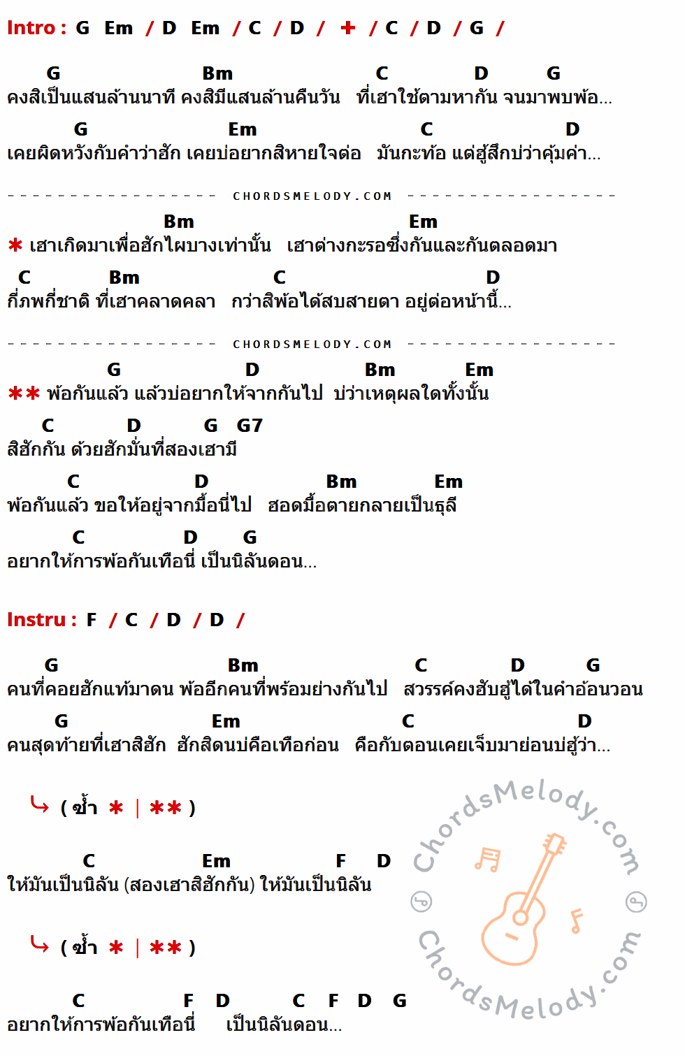 เนื้อเพลง นิลันดอน ของ ต่าย อรทัย ที่มีคอร์ด ในกลุ่มคีย์ G,Em,D,C,Bm,G7,F ประกอบ