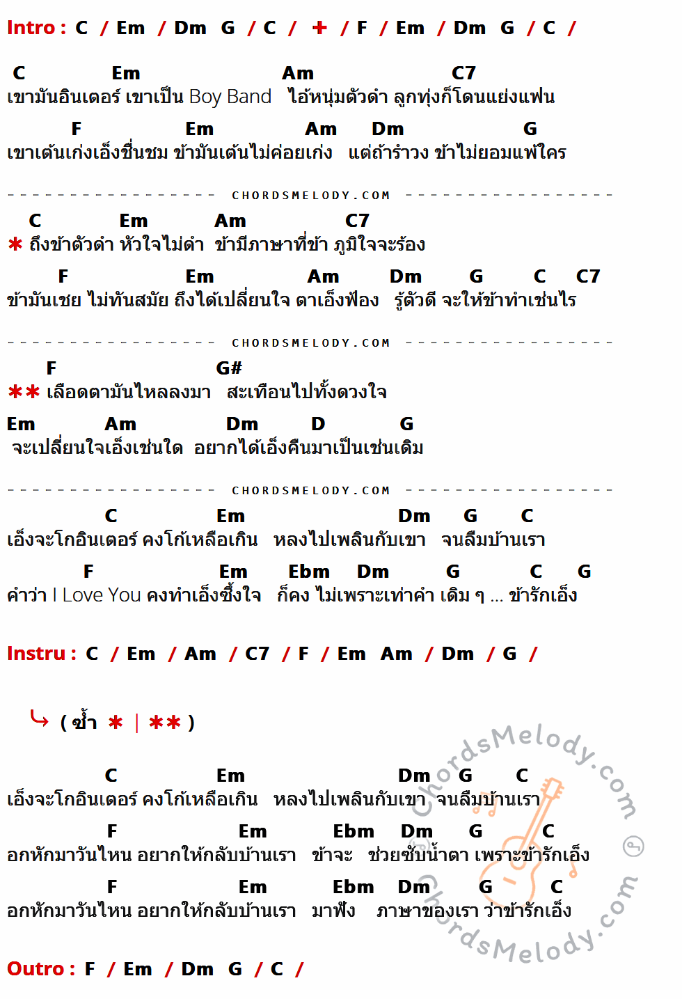 เนื้อเพลง ข้ารักเอ็ง ของ ไฮเปอร์ ที่มีคอร์ด ในกลุ่มคีย์ C,Em,Dm,G,F,Am,C7,G#,D,Ebm ประกอบ