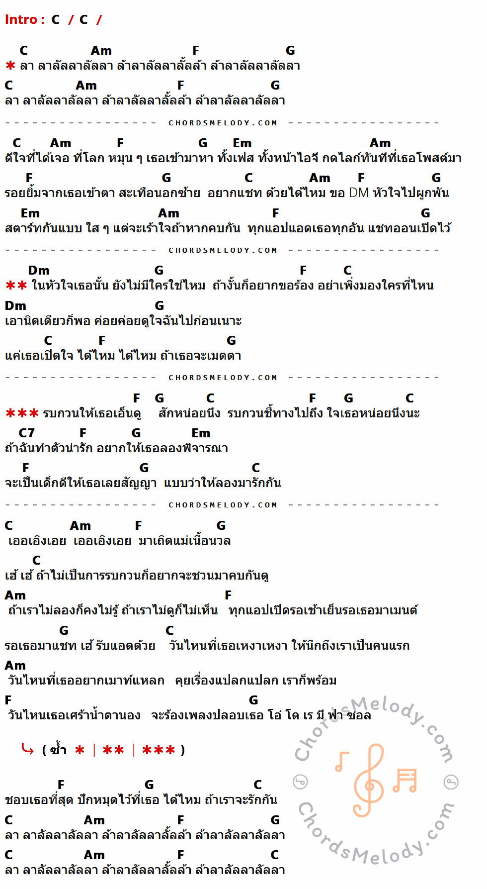 เนื้อเพลง รบกวนเอ็นดู ของ New Country ที่มีคอร์ด ในกลุ่มคีย์ C,Am,F,G,Em,Dm,C7 ประกอบ