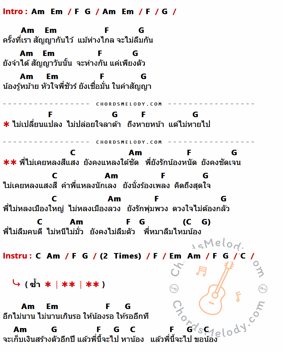เนื้อเพลง หมาลืมหม้ายน้อง (ไม่ลืมหรอกน้อง) ของ นิว พงศกร Tig ที่มีคอร์ด ในกลุ่มคีย์ Am,Em,F,G,C ประกอบ