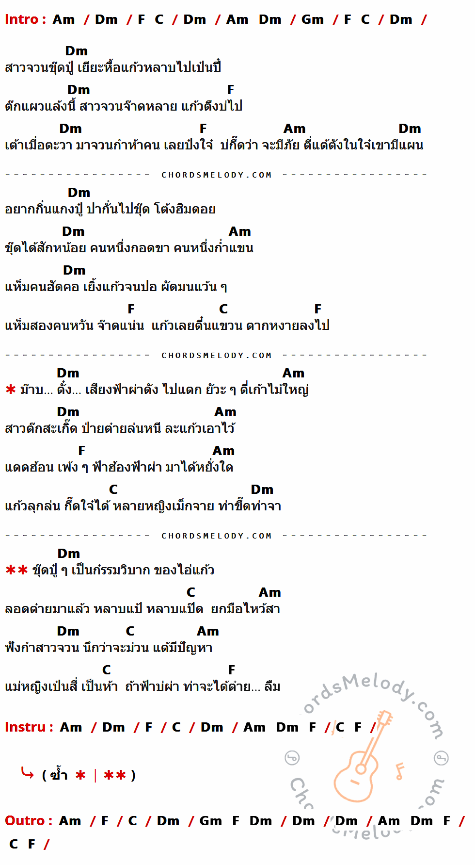 เนื้อเพลง สาวขุ๊ดปู๋ ภาค 2 ของ แก้ว ลอดฟ้า ที่มีคอร์ด ในกลุ่มคีย์ Am,Dm,F,C,Gm ประกอบ
