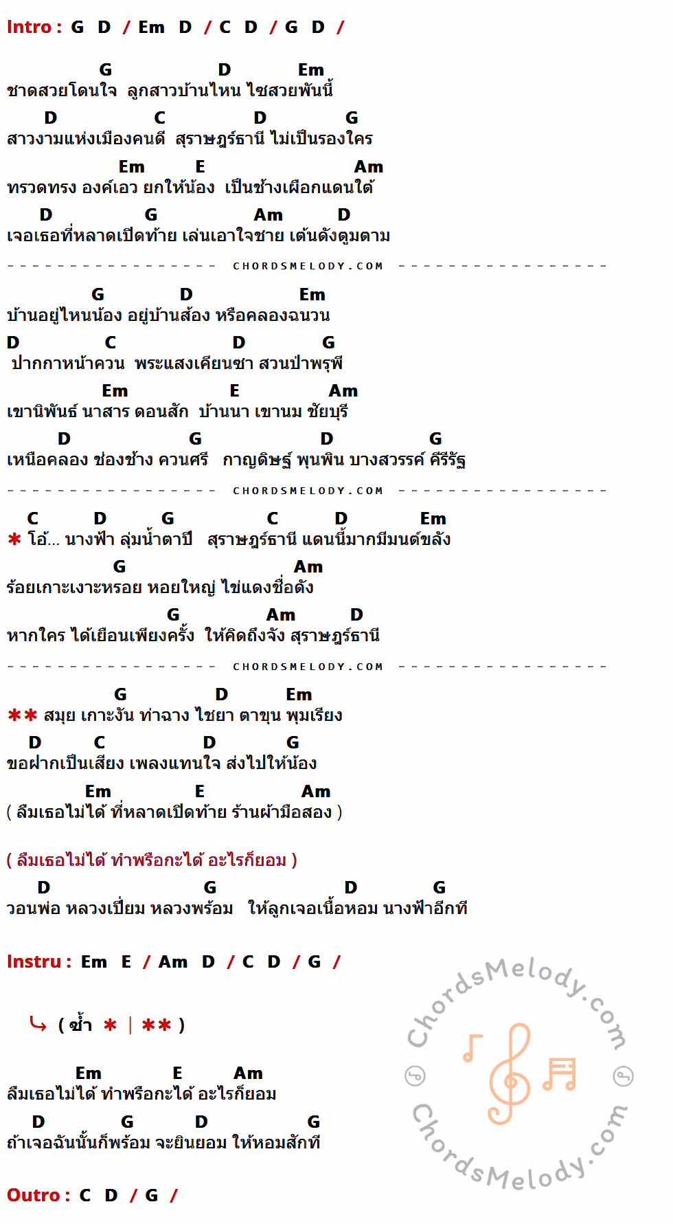 เนื้อเพลง นางฟ้าตาปี (สาวงามเมืองคนดี) ของ บ. เบิ้ล สามร้อย ที่มีคอร์ด ในกลุ่มคีย์ G,D,Em,C,E,Am ประกอบ