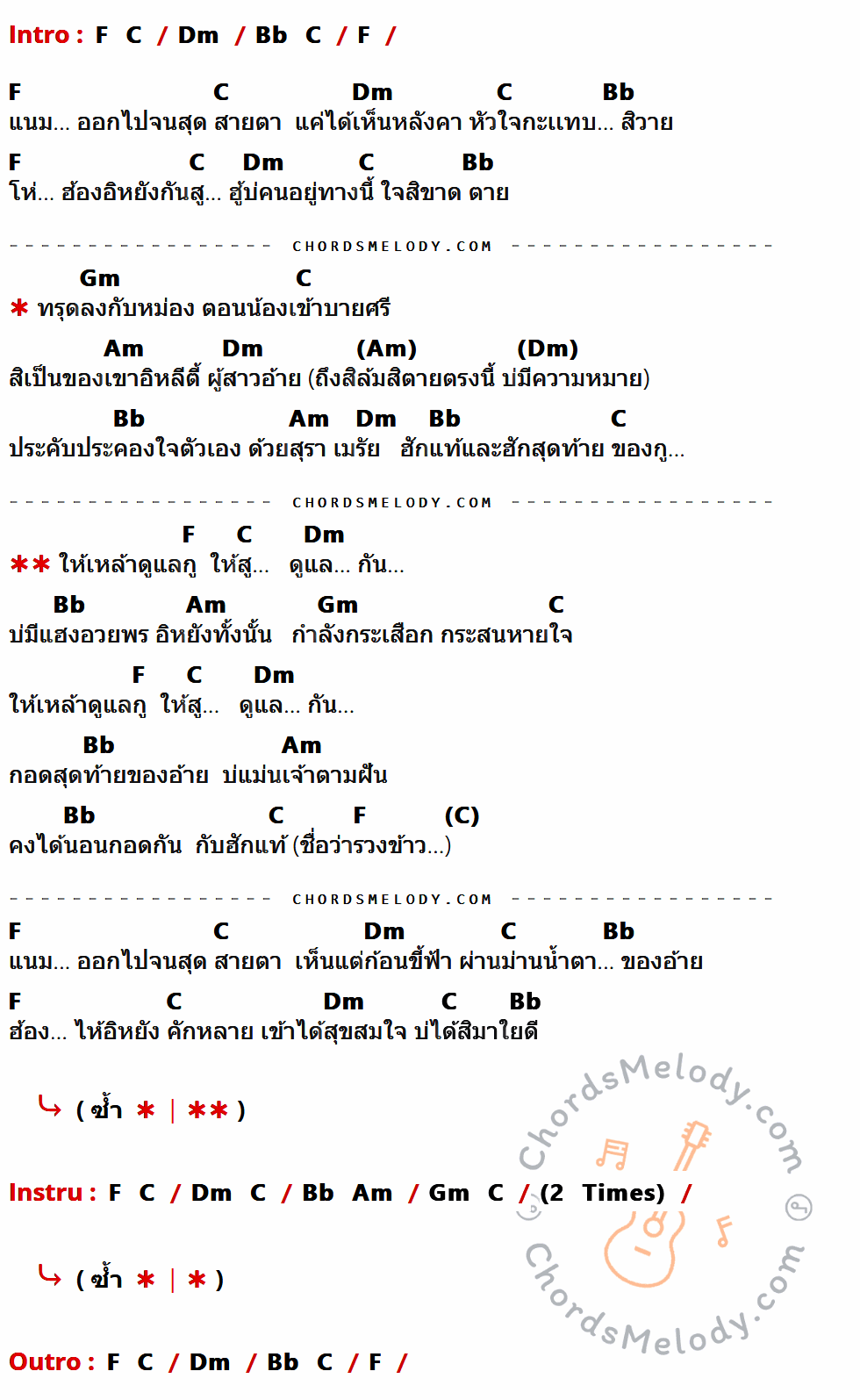 เนื้อเพลง ให้เหล้าดูแลกู ของ มิกซ์ ถิรวิทย์ x ศาล สานศิลป์ ที่มีคอร์ดกีต้าร์ F,C,Dm,Bb,Gm,Am