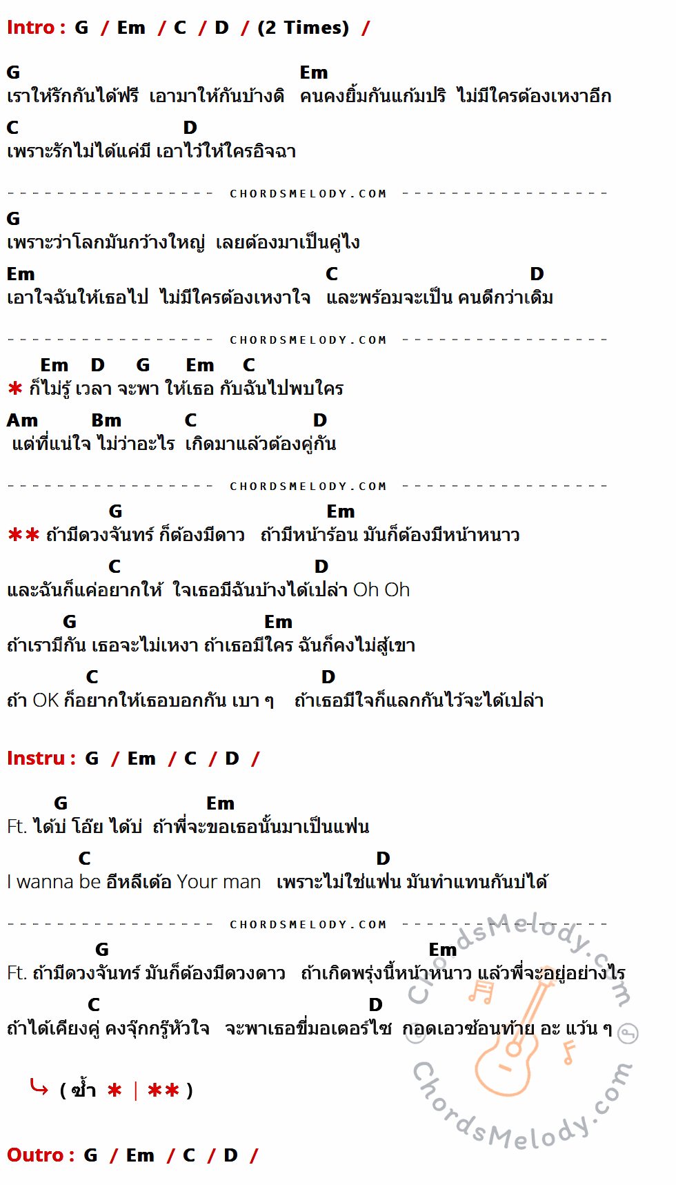 เนื้อเพลง คู่กัน (Together) ของ UrboyTJ Ft. Singto Numchok ที่มีคอร์ด ในกลุ่มคีย์ G,Em,C,D,Am,Bm ประกอบ