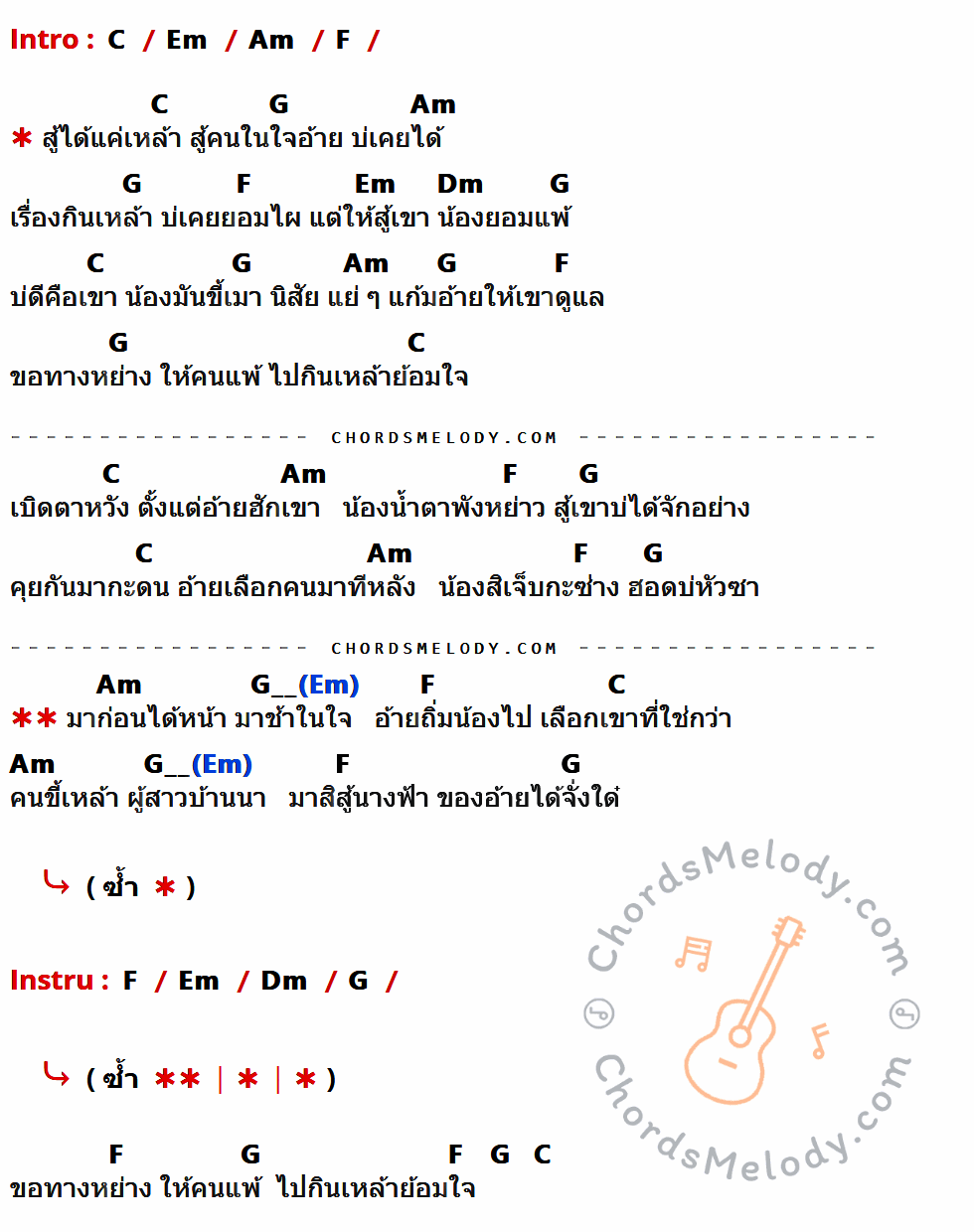 เนื้อเพลง ขี้เมานิสัยแย่ ของ อัน ละน้อ ที่มีคอร์ด ในกลุ่มคีย์ C,Em,Am,F,G,Dm ประกอบ