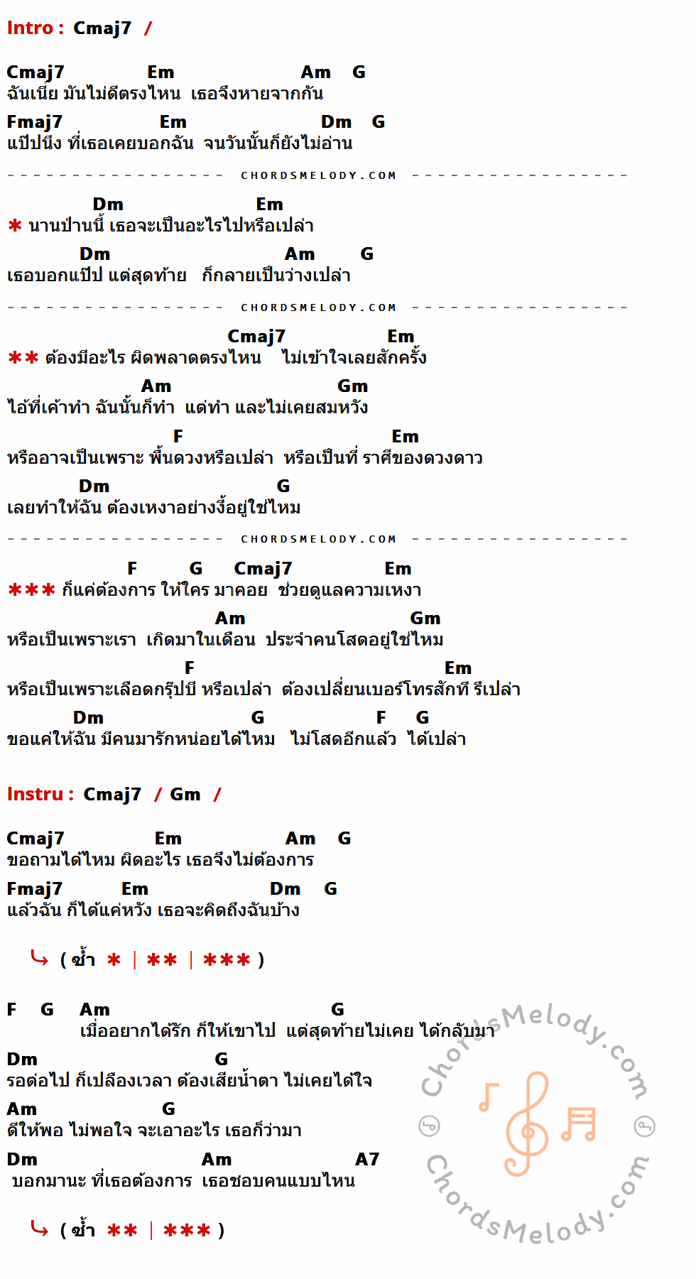 เนื้อเพลง เลือดกรุ๊ปบี ของ เอิ้ก ชาลิสา มีคอร์ดกีต้าร์ ในคีย์ที่ต่างกัน Cmaj7,Em,Am,G,Fmaj7,Dm,Gm,F,A7