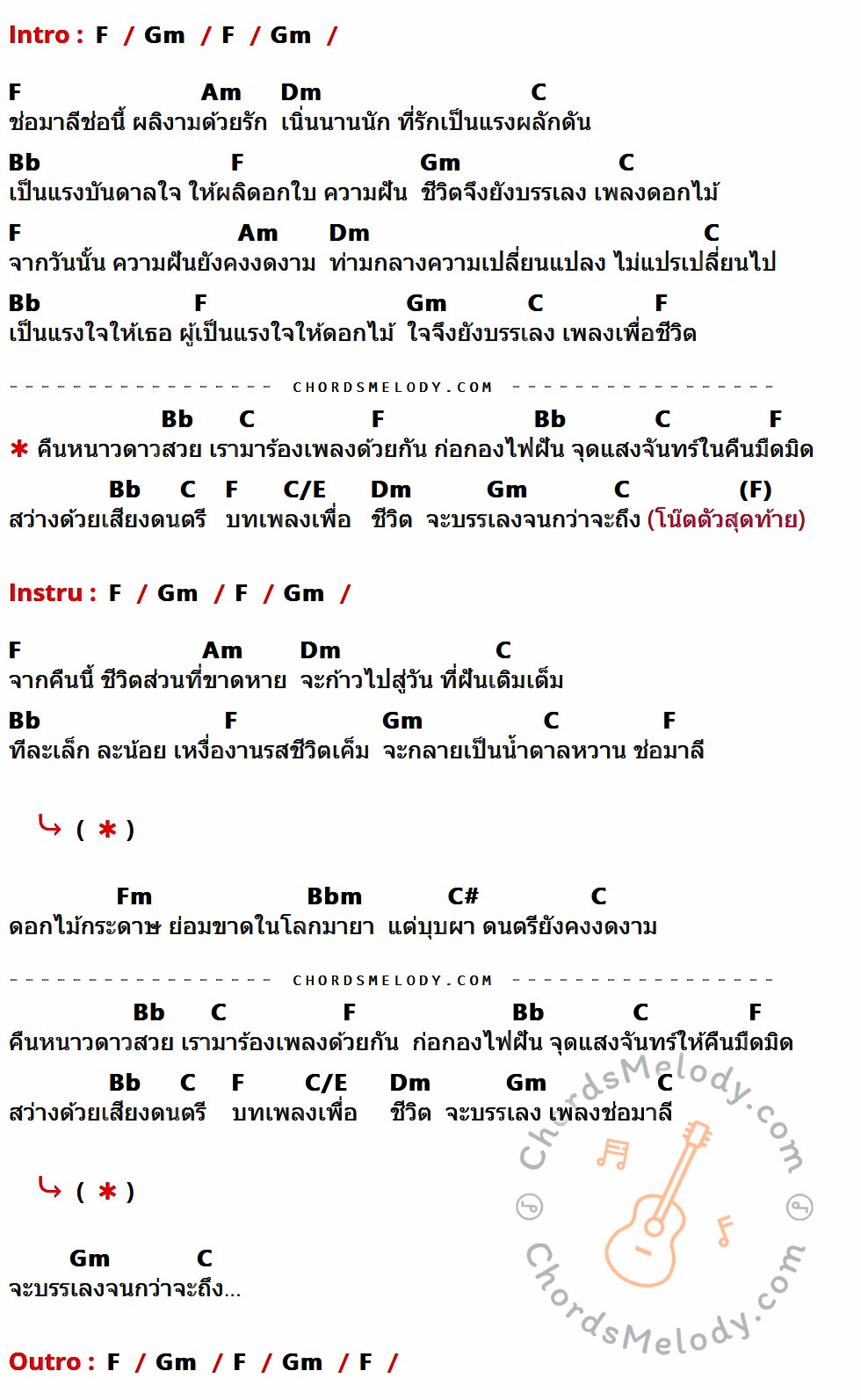 คอร์ดเพลง ช่อมาลี - คฑาวุธ ทองไทย เนื้อร้อง มีคอร์ดกีต้าร์ ในกลุ่มคีย์ F,Gm,Am,Dm,C,Bb,C/E,Fm,Bbm,C# กำกับ