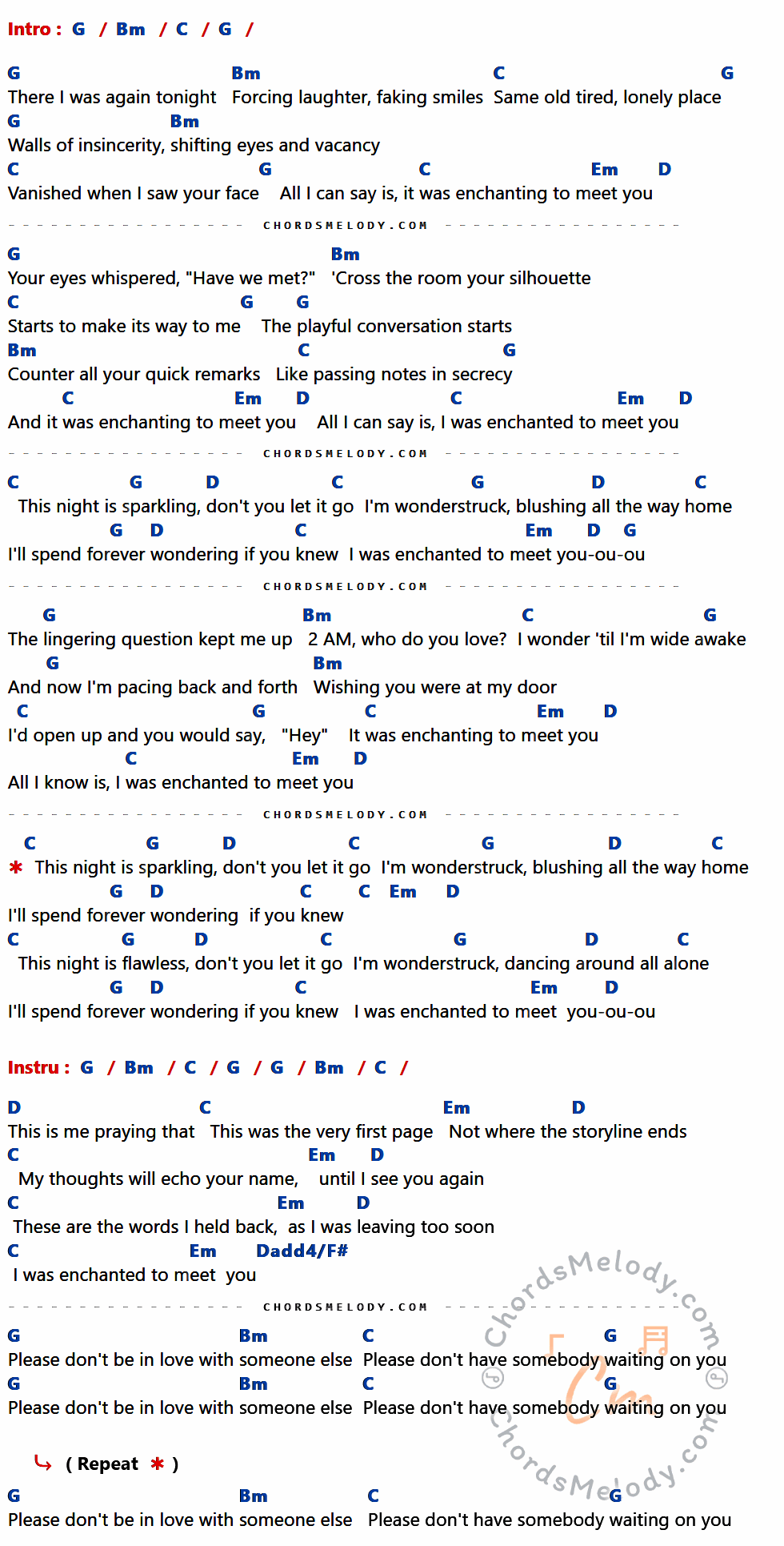 คอร์ดเพลง Enchanted - Taylor Swift เนื้อร้อง มีคอร์ดกีต้าร์ ในกลุ่มคีย์ G,Bm,C,Em,D,Dadd4/F# กำกับ