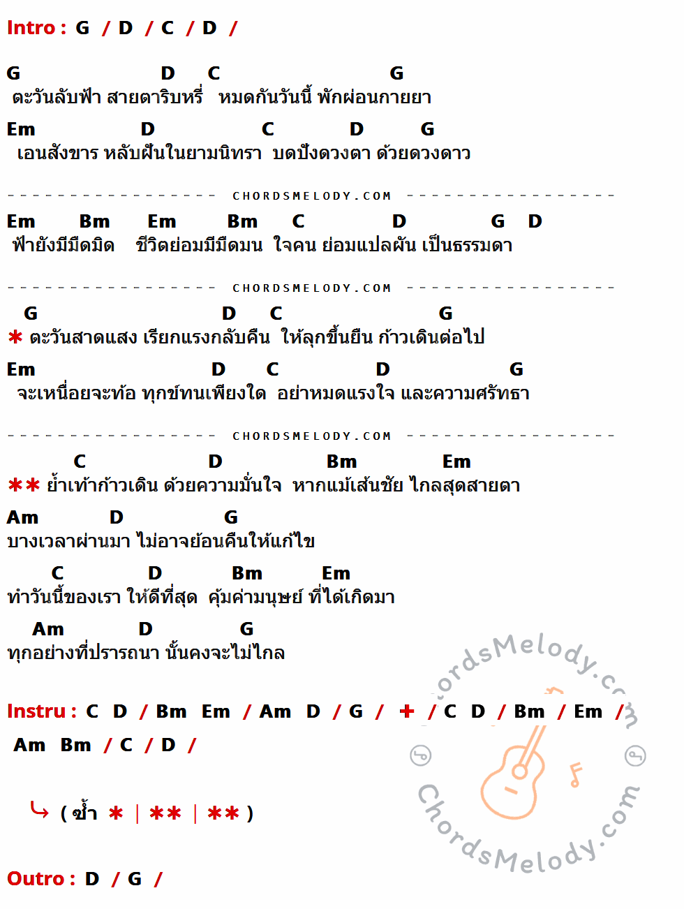 คอร์ดเพลง ทำวันนี้ให้ดีที่สุด (ปรายหวัง) - บ เบิ้ล สามร้อย x อ ไข่ มาลีฮวนน่า เนื้อร้อง มีคอร์ดกีต้าร์ ในกลุ่มคีย์ G,D,C,Em,Bm,Am กำกับ