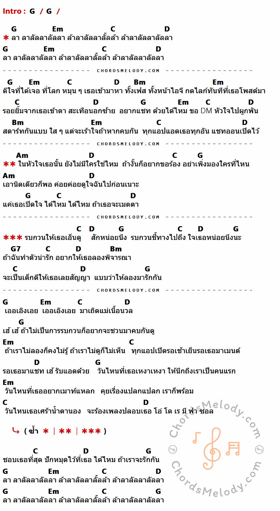 คอร์ดเพลง รบกวนเอ็นดู - New Country เนื้อร้อง มีคอร์ดกีต้าร์ ในกลุ่มคีย์ G,Em,C,D,Bm,Am,G7 กำกับ