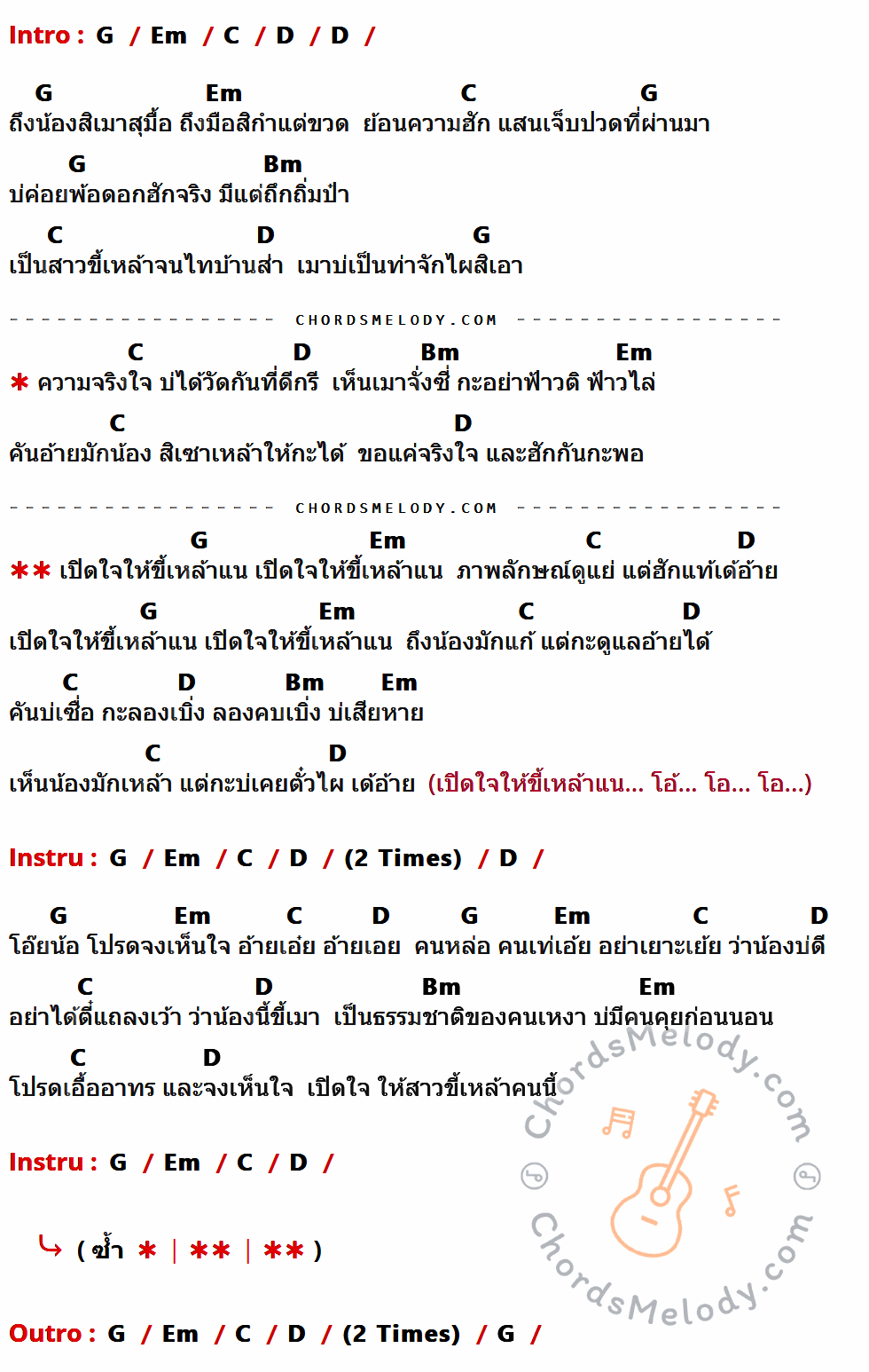 เนื้อเพลง เปิดใจให้ขี้เหล้าแน่ ของ เนสกาแฟ ศรีนคร มีคอร์ดกีต้าร์ ในคีย์ที่ต่างกัน G,Em,C,D,Bm