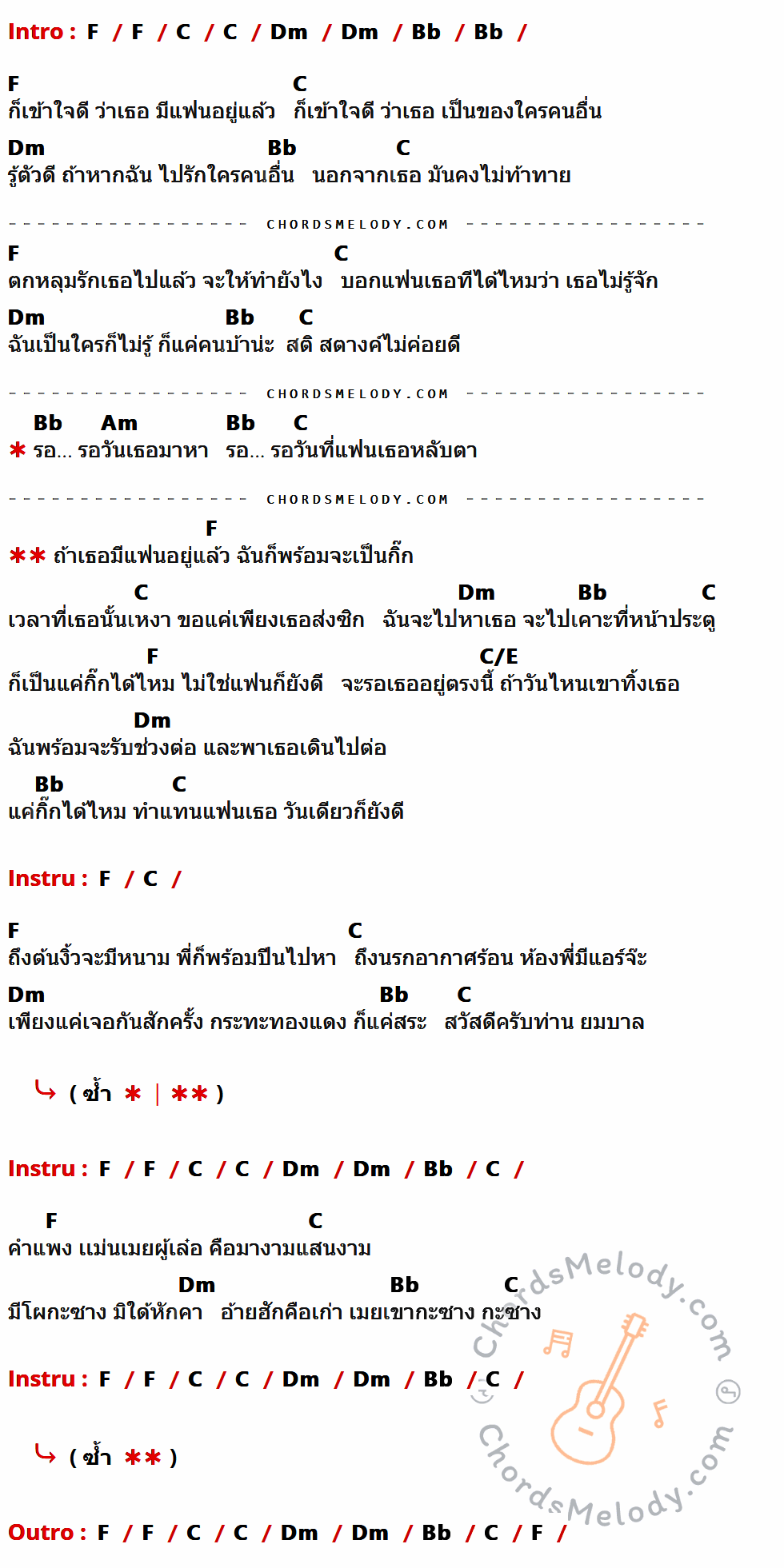 คอร์ดเพลง ส่งซิก (One Day) - บุ๊ค ศุภกาญจน์ เนื้อร้อง มีคอร์ดกีต้าร์ ในกลุ่มคีย์ F,C,Dm,Bb,Am,C/E กำกับ