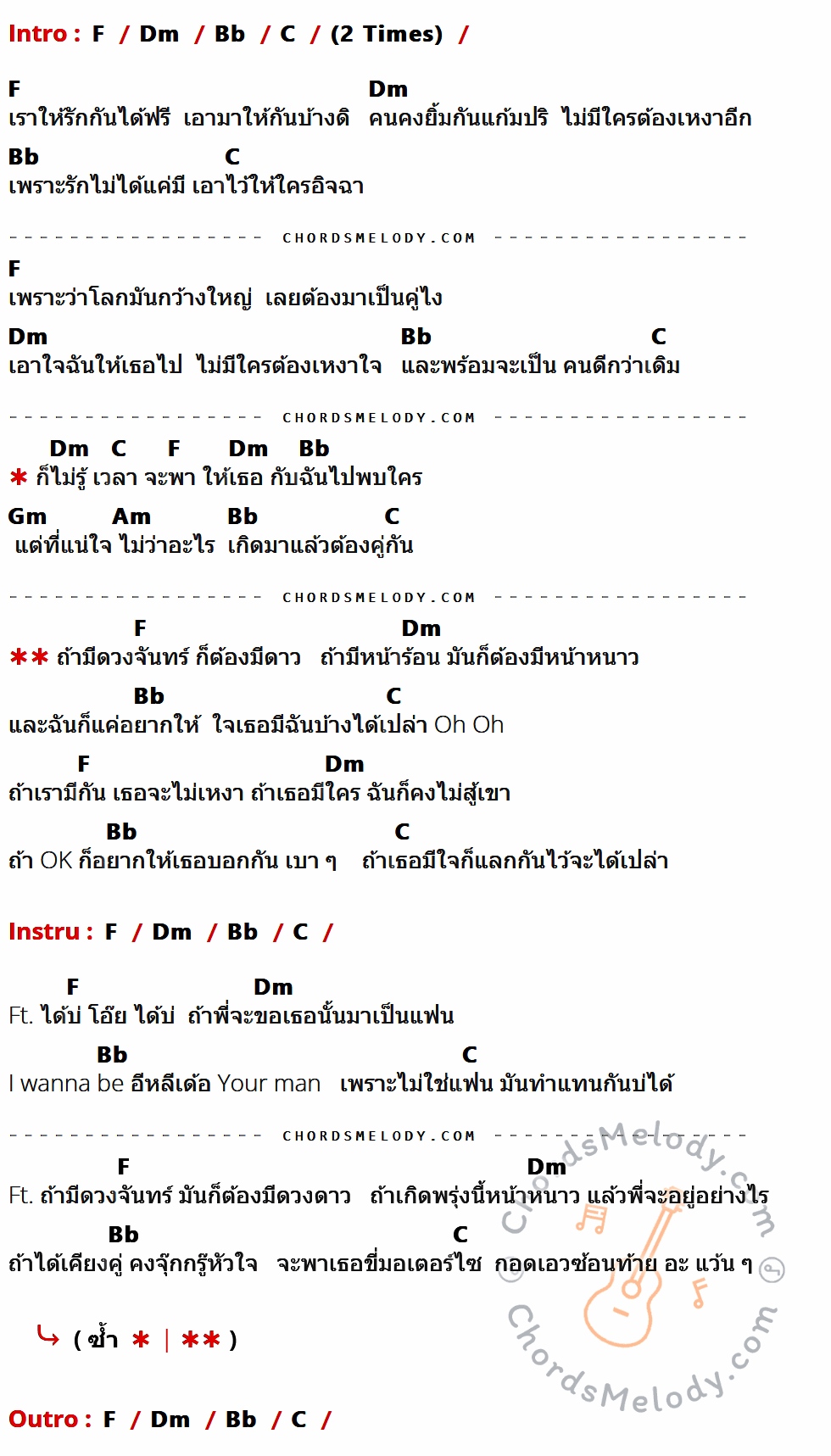 คอร์ดเพลง คู่กัน (Together) - UrboyTJ Ft. Singto Numchok เนื้อร้อง มีคอร์ดกีต้าร์ ในกลุ่มคีย์ F,Dm,Bb,C,Gm,Am กำกับ