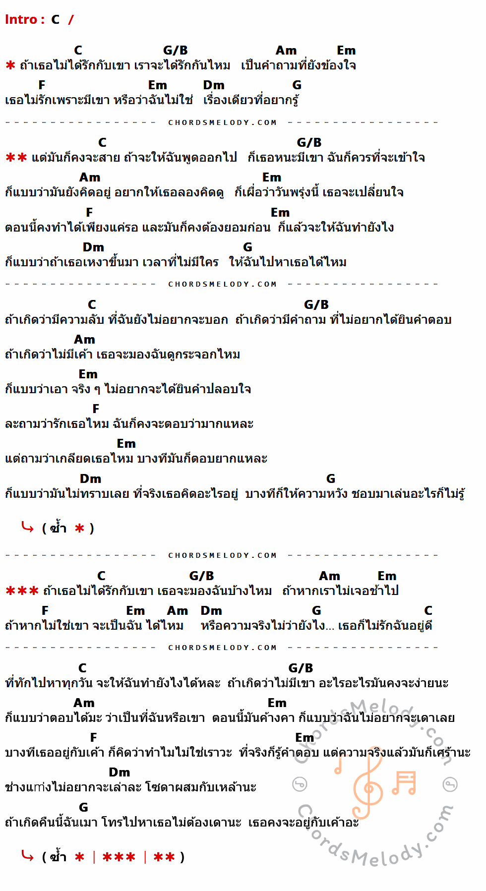 คอร์ดเพลง ถามคำ - UrboyTJ เนื้อร้อง มีคอร์ดกีต้าร์ ในกลุ่มคีย์ C,G/B,Am,Em,F,Dm,G กำกับ
