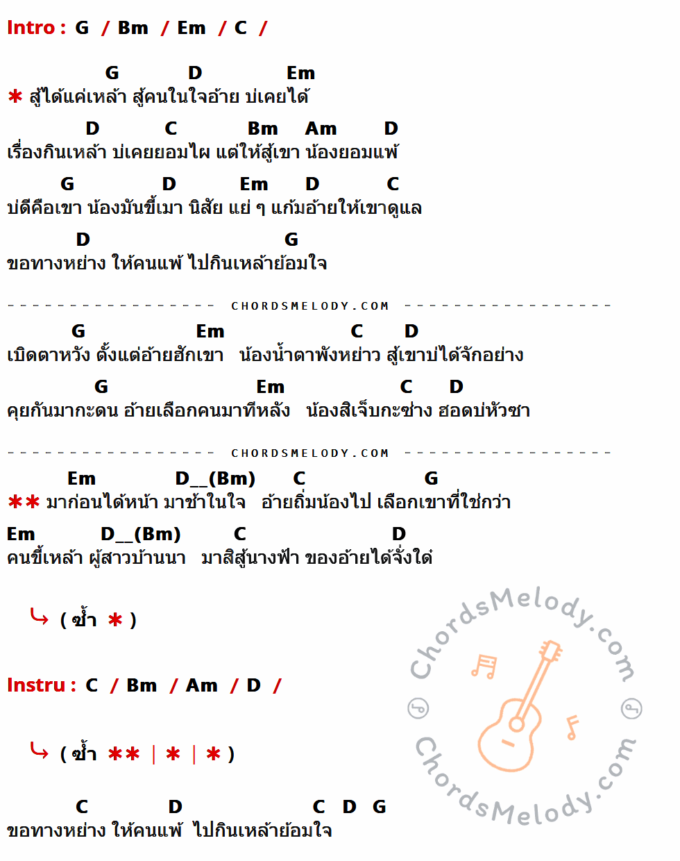 คอร์ดเพลง ขี้เมานิสัยแย่ - อัน ละน้อ เนื้อร้อง มีคอร์ดกีต้าร์ ในกลุ่มคีย์ G,Bm,Em,C,D,Am กำกับ