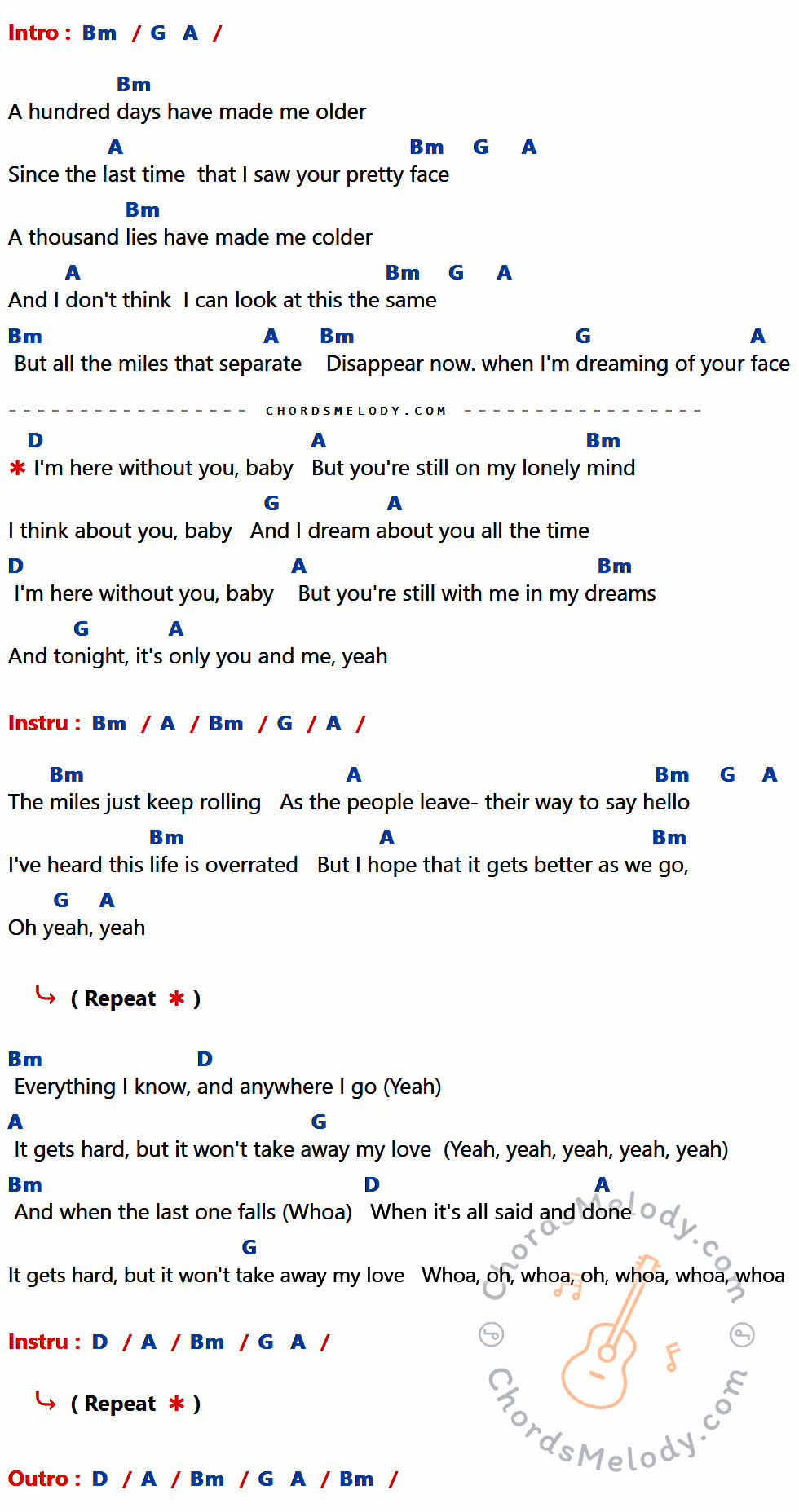 เนื้อเพลง Here Without You ของ 3 Doors Down ที่มีคอร์ด ในกลุ่มคีย์ Bm,G,A,D ประกอบ