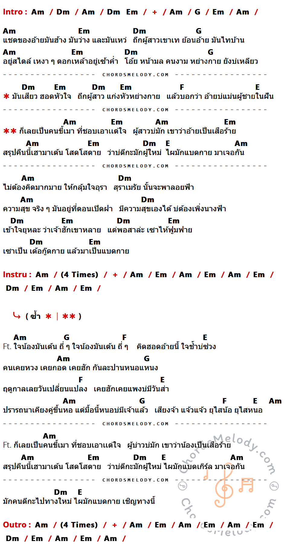 เนื้อเพลง ขี้เมาเอาแต่ใจ ของ ลำเพลิน วงศกร Ft. ลำไย ไหทองคำ ที่มีคอร์ด ในกลุ่มคีย์ Am,Dm,Em,G,F,E ประกอบ