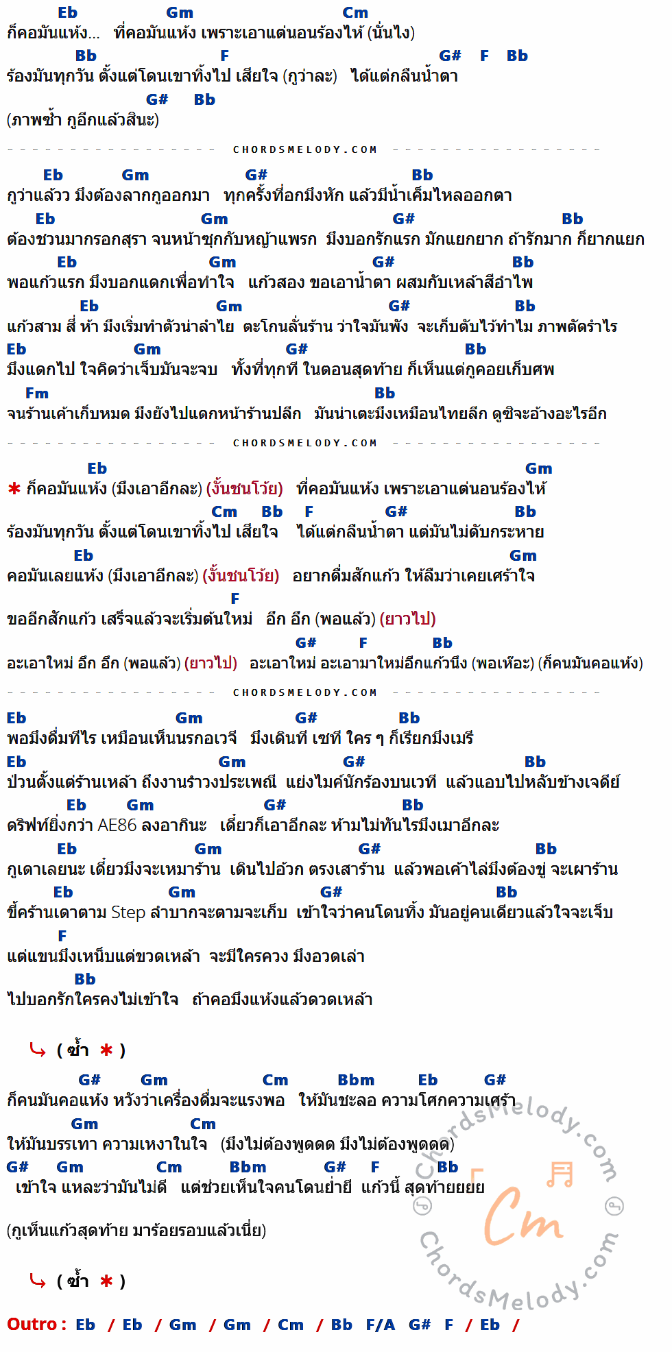เนื้อเพลง คอแห้ง ของ F.HERO Ft. Ja Nongpanee ที่มีคอร์ด ในกลุ่มคีย์ Eb,Gm,Cm,Bb,F,G#,Fm,Bbm,F/A ประกอบ