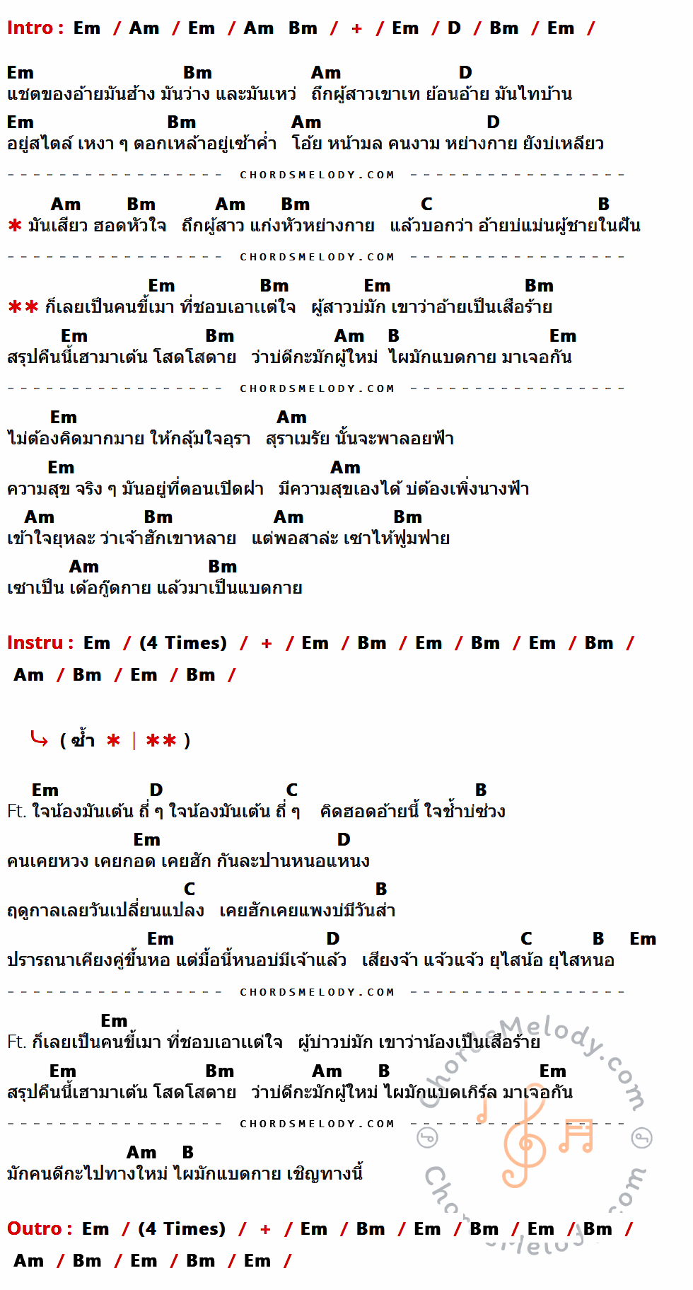 คอร์ดเพลง ขี้เมาเอาแต่ใจ - ลำเพลิน วงศกร Ft. ลำไย ไหทองคำ เนื้อร้อง มีคอร์ดกีต้าร์ ในกลุ่มคีย์ Em,Am,D,Bm,C,B กำกับ