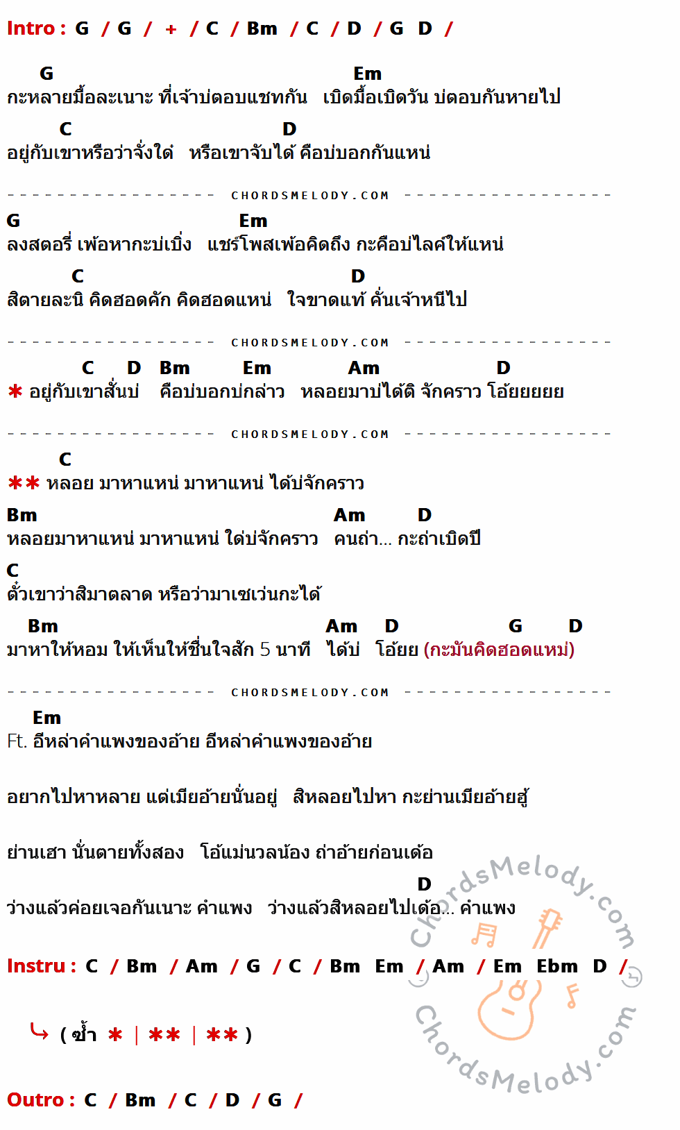 คอร์ดเพลง หลอยมาหาแหน่ - น้ำแข็ง ทิพวรรณ Ft. ปอนด์ กฤษฎา เนื้อร้อง มีคอร์ดกีต้าร์ ในกลุ่มคีย์ G,C,Bm,D,Em,Am กำกับ