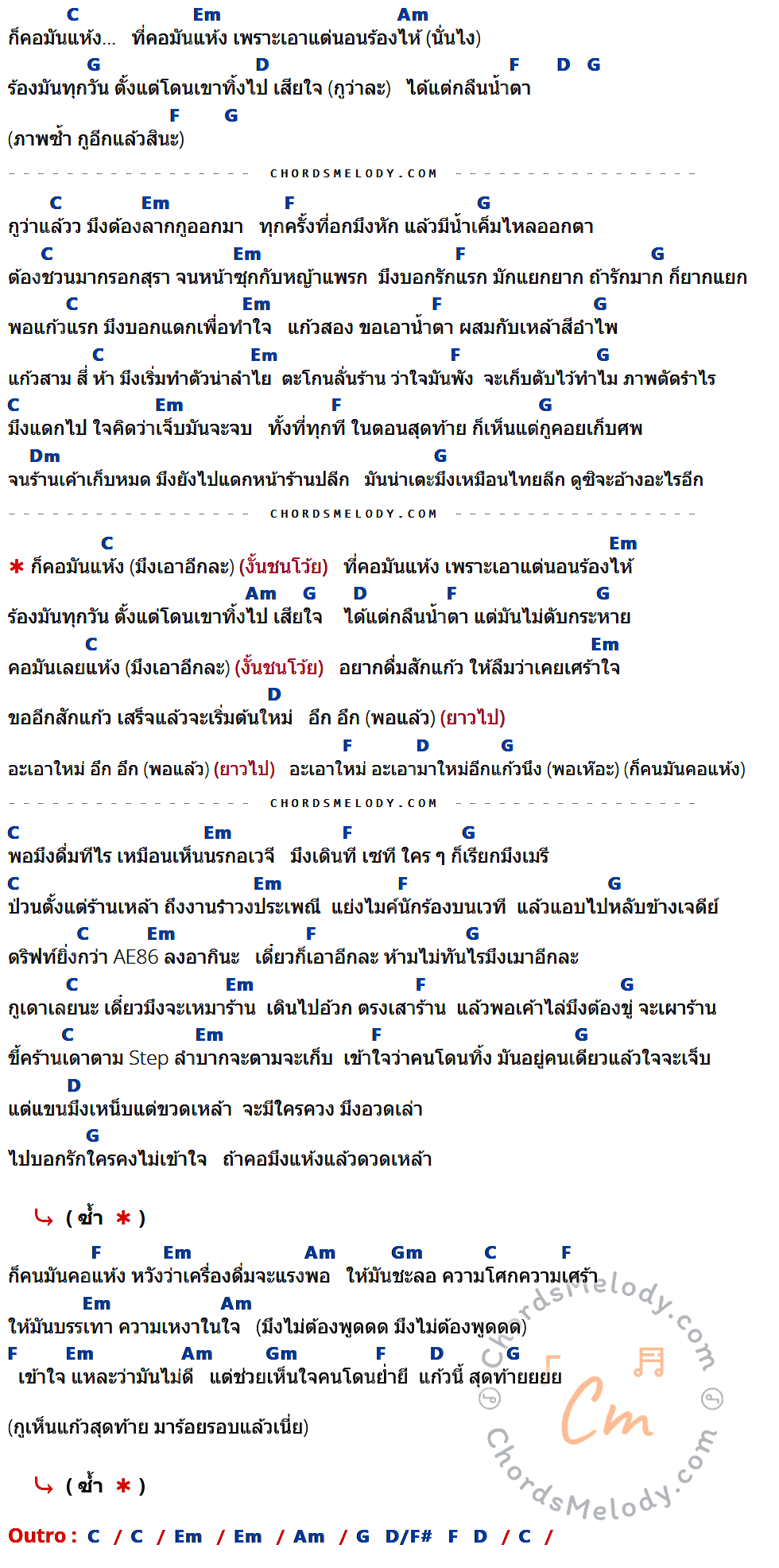 คอร์ดเพลง คอแห้ง - F.HERO Ft. Ja Nongpanee เนื้อร้อง มีคอร์ดกีต้าร์ ในกลุ่มคีย์ C,Em,Am,G,D,F,Dm,Gm กำกับ
