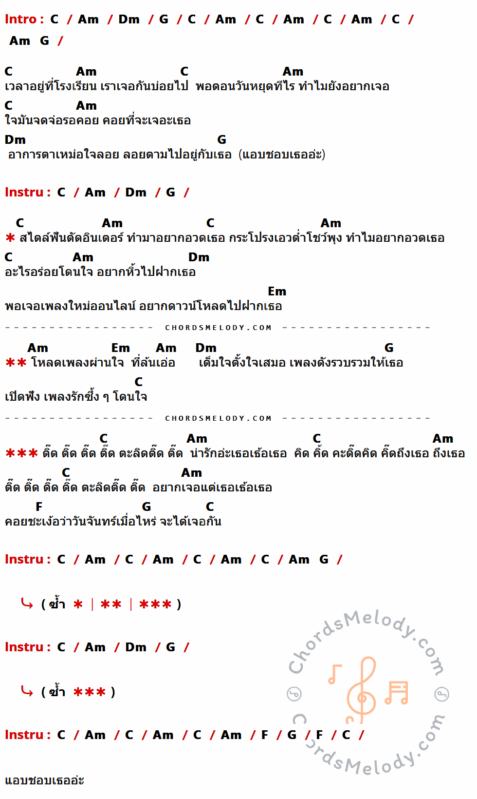 เนื้อเพลง แอบชอบเธอ ของ เมอร์ซี่ อาร์ สยาม จูเนียร์ ที่มีคอร์ด ในกลุ่มคีย์ C,Am,Dm,G,Em,F ประกอบ
