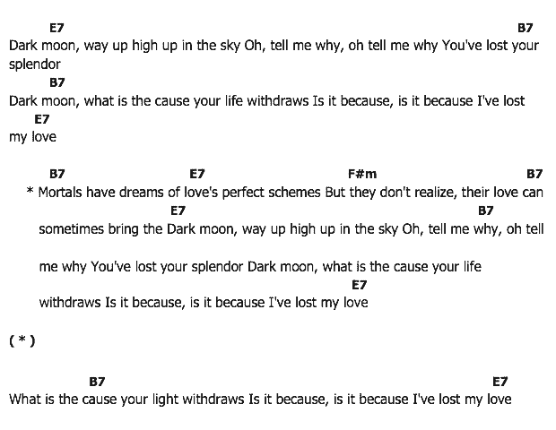 คอร์ดเพลง เนื้อเพลง Dark Moon, คอร์ดเพลง Dark Moon ของ Elvis Presley, คอร์ดเพลงของ Elvis Presley, เนื้อร้อง Dark Moon Elvis Presley, Dark Moon คอร์ดง่าย ๆ, คอร์ด Dark Moon ต้นฉบับ
