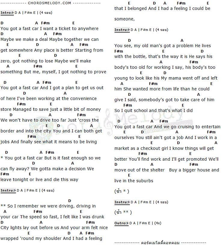 คอร์ดเพลง เนื้อเพลง Fast Car, คอร์ดเพลง Fast Car ของ Jonas Blue Feat.Dakota, คอร์ดเพลงของ Jonas Blue Feat.Dakota, เนื้อร้อง Fast Car Jonas Blue Feat.Dakota, Fast Car คอร์ดง่าย ๆ, คอร์ด Fast Car ต้นฉบับ