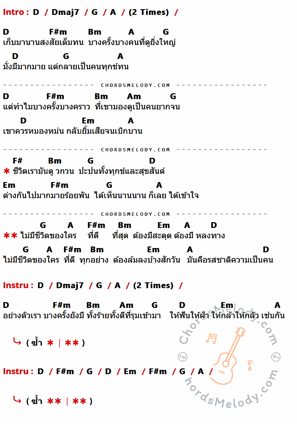 เนื้อเพลง รสชาติความเป็นคน ของ มาช่า ที่มีคอร์ด ในกลุ่มคีย์ D,Dmaj7,G,A,F#m,Bm,Am,Em,F# ประกอบ