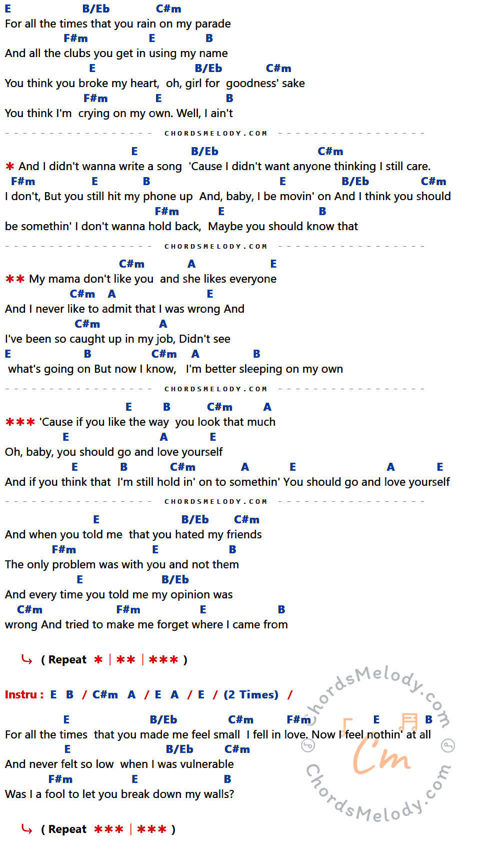เนื้อเพลง Love Yourself ของ JUSTIN BIEBER ที่มีคอร์ด ในกลุ่มคีย์ E,B/Eb,C#m,F#m,B,A ประกอบ