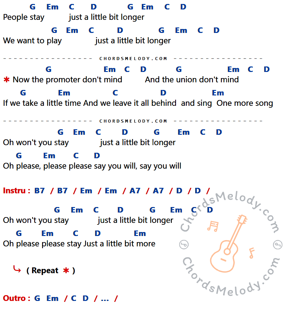 เนื้อเพลง Stay ของ Jackson Browne ที่มีคอร์ด ในกลุ่มคีย์ G,Em,C,D,B7,A7 ประกอบ