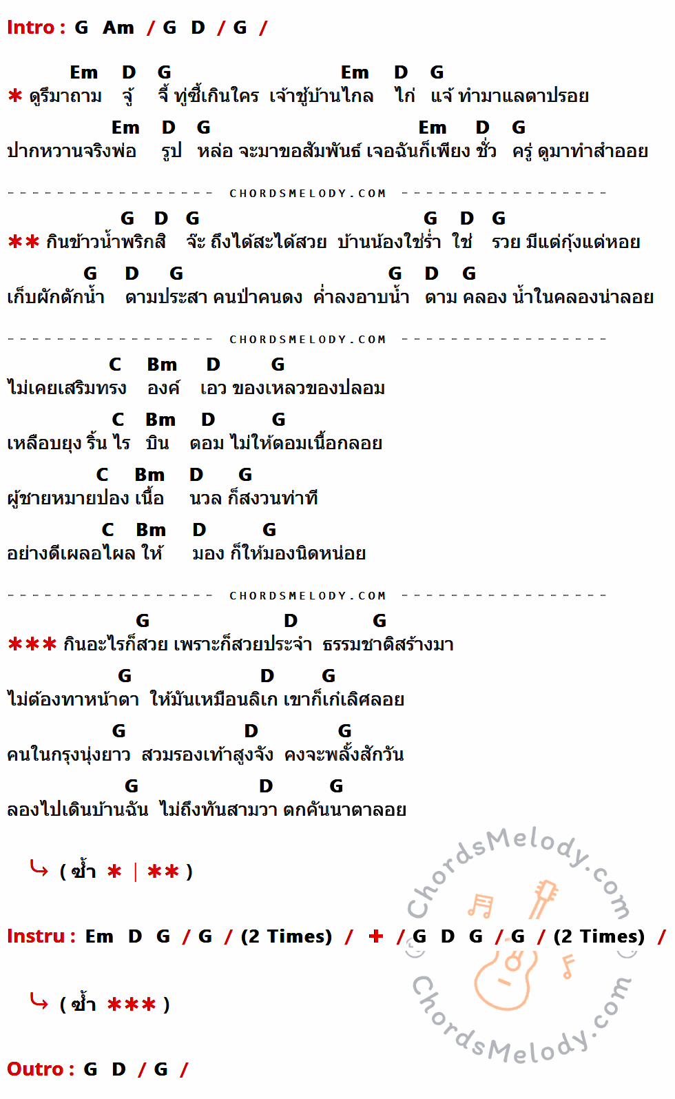 เนื้อเพลง กินข้าวกับน้ำพริก ของ เปาวลี พรพิมล ที่มีคอร์ด ในกลุ่มคีย์ G,Am,D,Em,C,Bm ประกอบ
