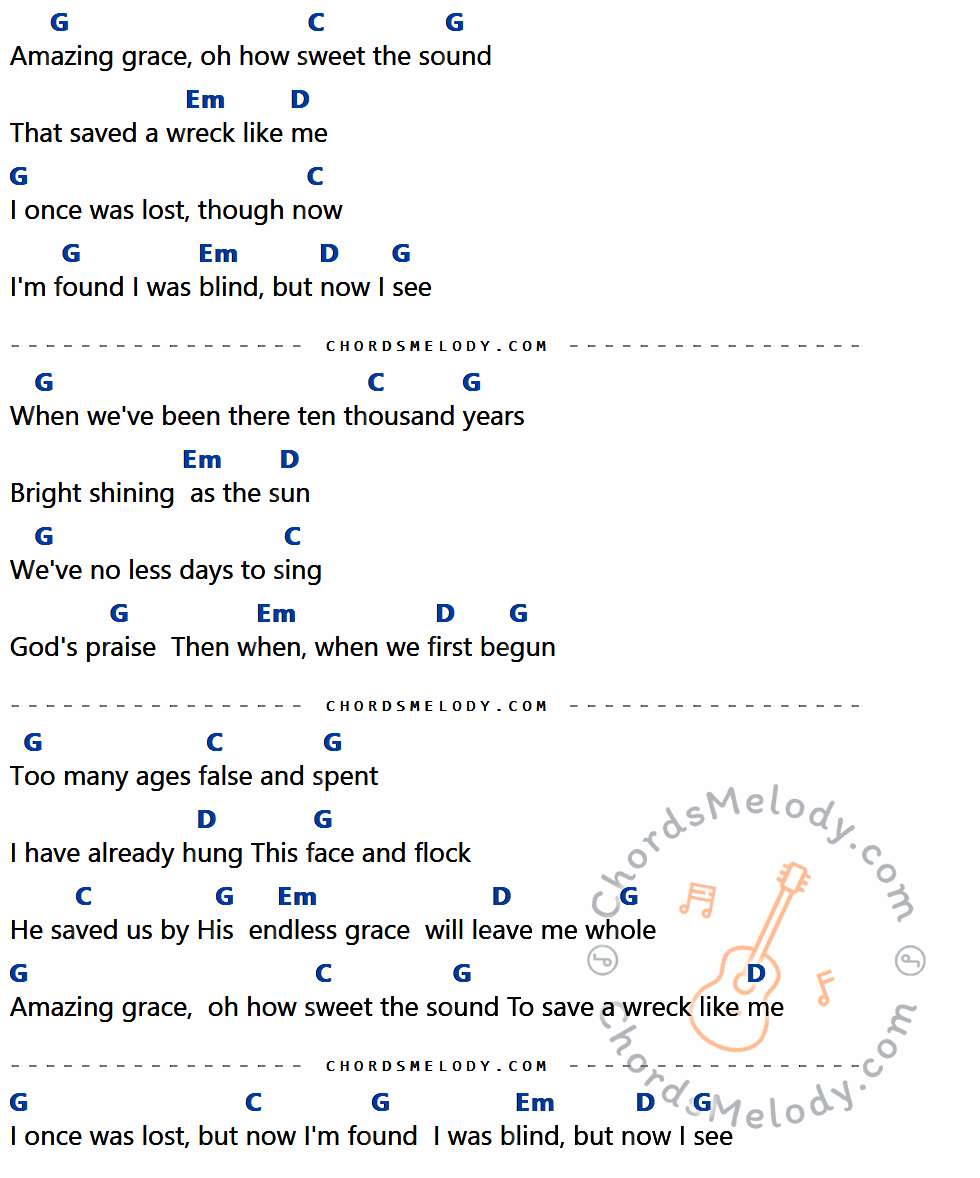 เนื้อเพลง Amazing Grace ของ Elvis presley ที่มีคอร์ด ในกลุ่มคีย์ G,C,Em,D ประกอบ