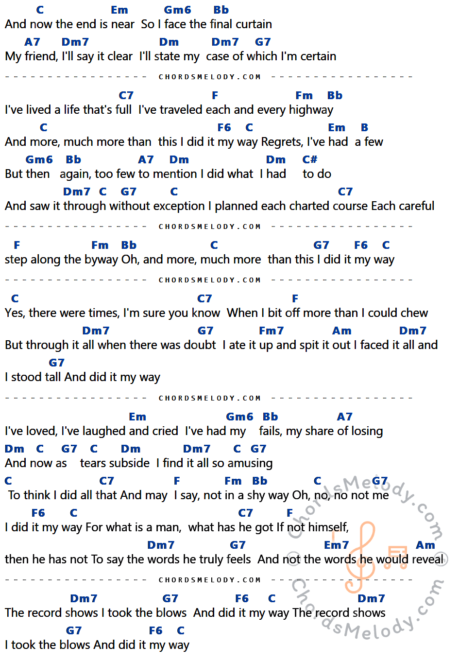 เนื้อเพลง My Way ของ Elvis presley ที่มีคอร์ดกีต้าร์ C,Em,Gm6,Bb,A7,Dm7,Dm,G7,C7,F,Fm,F6,B,C#,Fm7,Am,Em7